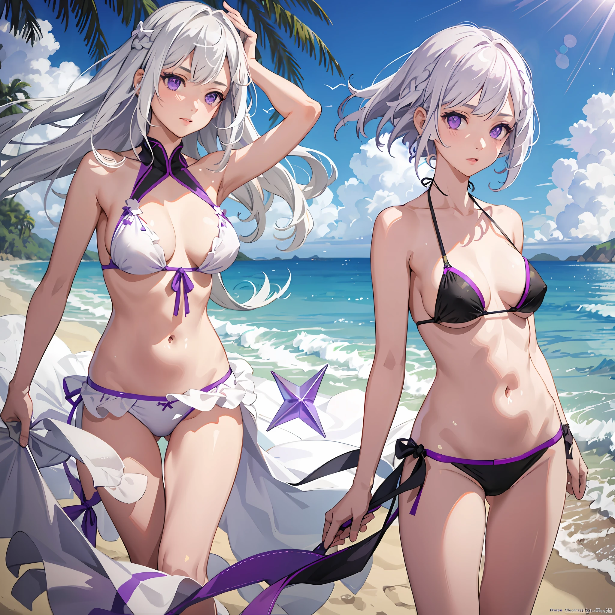 realistic, 1girl, white hair, purple eyes, bikini, beach, light particles, light rays, wallpaper,