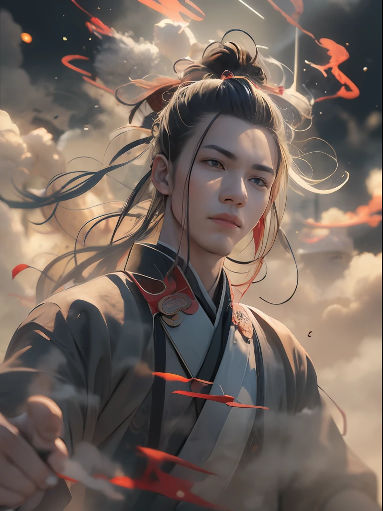 A young man from the Qin Dynasty, Delicate facial features, Symmetrical body, waving weapons, surrounded by aura, Splashes，Ambilight， Ultra-wide angle, Cinema lenses,Dynamic movements, Expressive, Chiaroscuro, Smoke explosion，Depth of field 1.5，Character Spotlight，illustration ,Drawn by Huang Binhong
