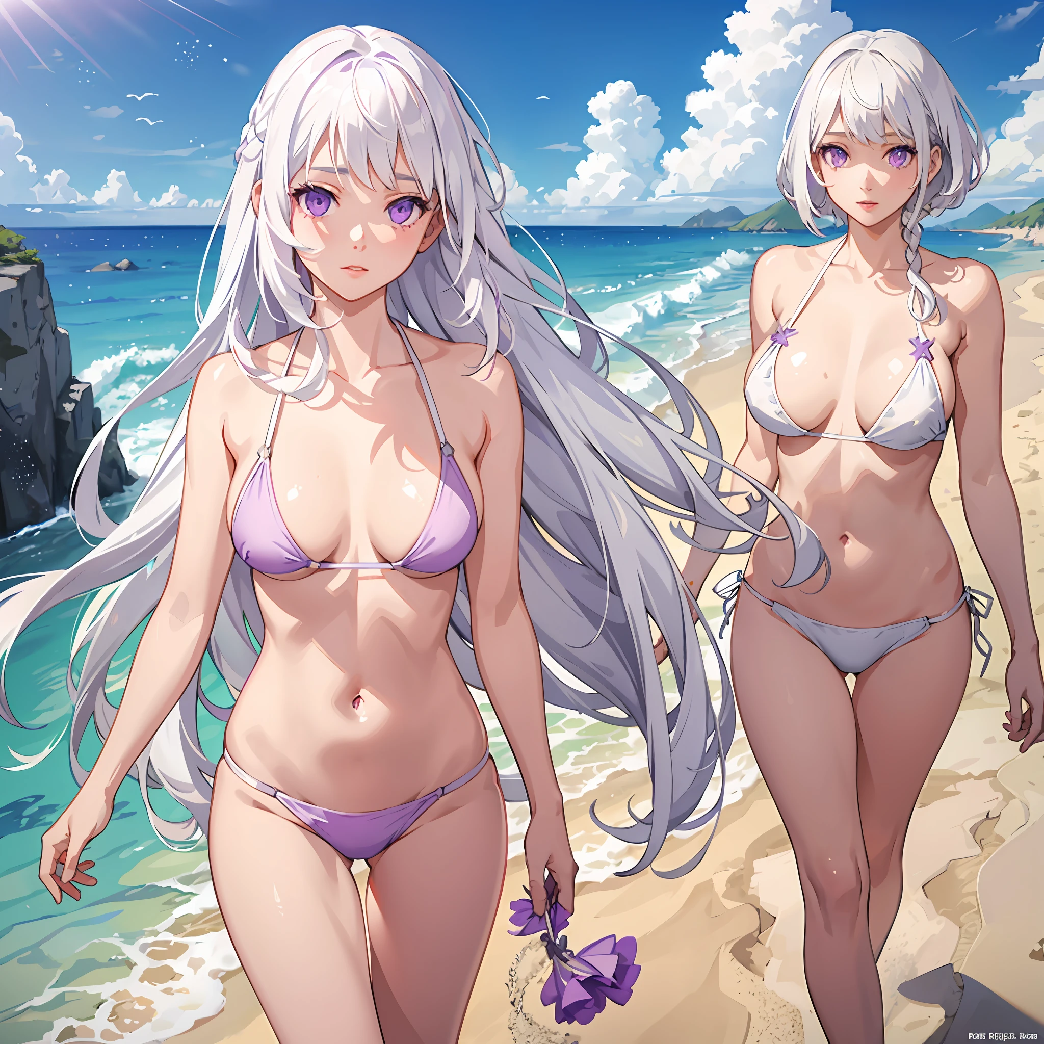 realistic, 1girl, white hair, purple eyes, bikini, beach, light particles, light rays, wallpaper,