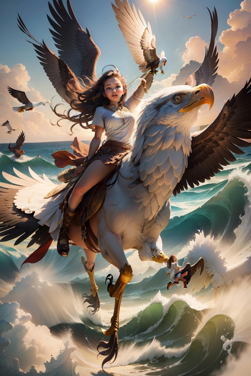 A young beautiful girl soars majestically on the back of a majestic eagle, the sun glinting off the waves of the ancient sea below.
