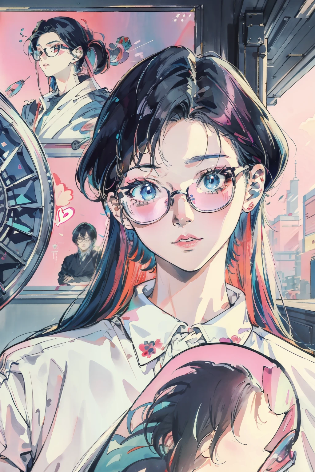 Close-up of a man wearing glasses and colorful hair, cyberpunk art inspired by rossdraws, trending on artstationh, neo-fauvism, rossdraws cartoon vibrant, 8 0 s anime vibe, Vibrant fan art, rossdraws pastel vibrant, urban girl fanart, 8 0 s anime art style, stunning art style, Digital art style, 9 0 s anime art style