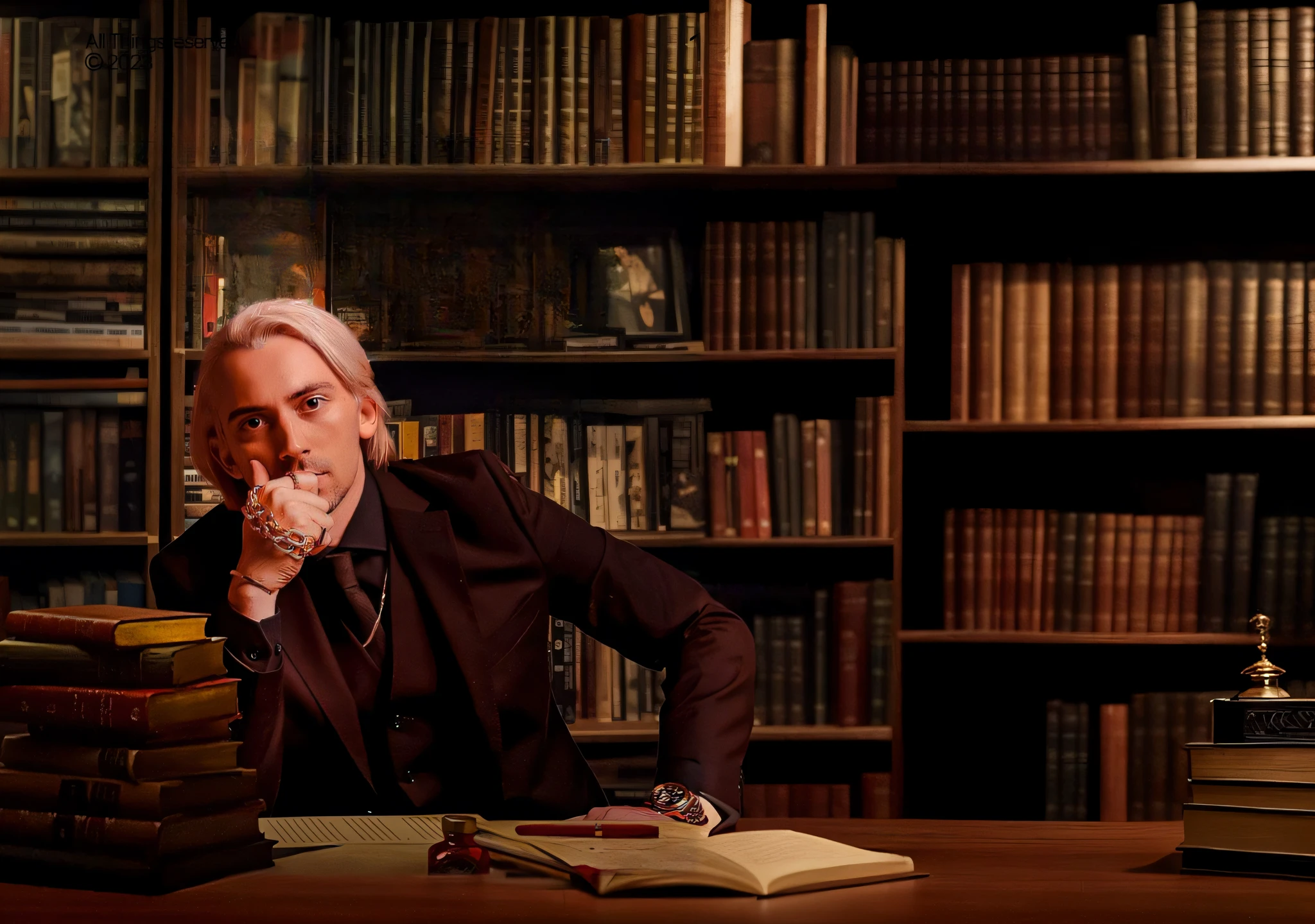 Homem loiro de terno sentado em uma mesa com uma pilha de livros, Davis, Similares a Malfoy, XQC, Joel Fletcher, Paulo Delaroche, Marcos Ariano, felix englund, caleb from critical role, gothic library, the librarian, Alexey Egorov, Jamie Campbell Bower, Librarian, Robert Richardson, Draco, l critical role
