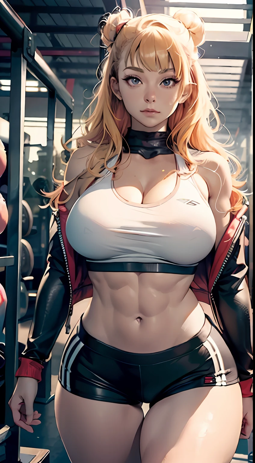 very pretty girl，（Bodybuilding)，Wear a tight white fitness leather jacket，gym shorts，Two huge masses fill the neckline，She has a beautiful white-skinned body，Meticulous portrait，Wonderful young girl，Toning muscles，Super chest:1.3，sunlighting，Dingdall effect。(perspired)，full bodyesbian，lively and lovely，hyper realisitc，Foto realism，Extremely fine book，Cinematic lighting realism，facial feature，drenched clothes,Peach buttocks，gym room，depth of fields，Large depth of field