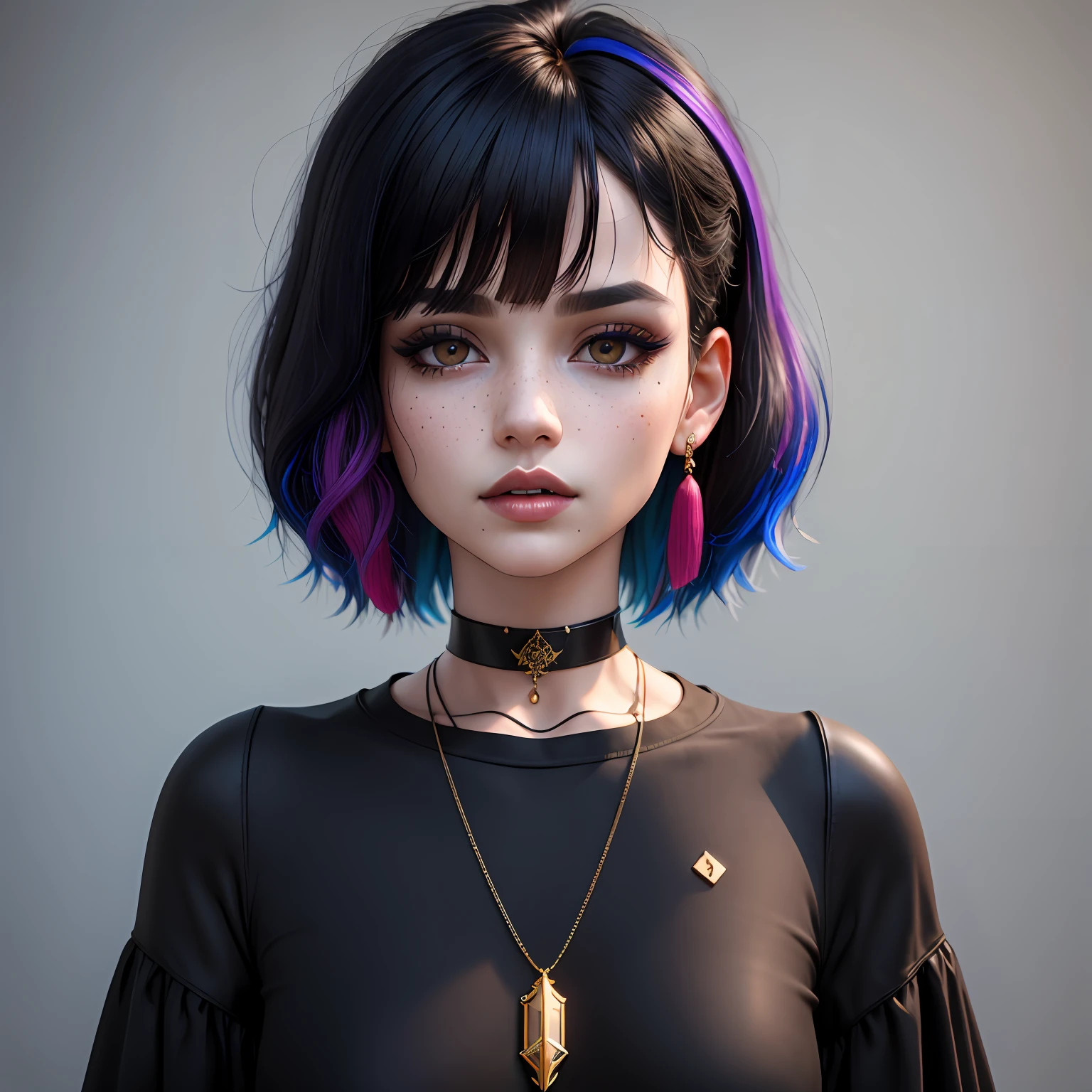 masterpiece, best quality, 3d rending work, 3DMM style, close-up, portrait, 3d, 1boy, solo, black, multicolored hair, blue hair, black hair, necklace, freckles, jewelry, two-tone hair, looking to the side, realistic, upper body, simple background, bangs, looking away, short hair, lips parted, black eyes, lips, gothic, choker, mole, black shirt, shirt, watermark