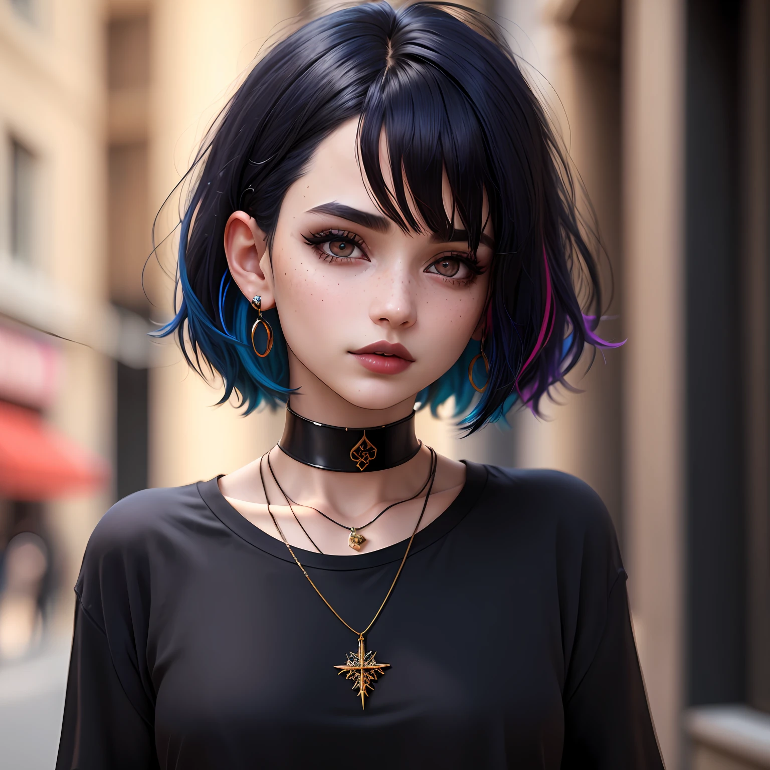 masterpiece, best quality, 3d rending work, 3DMM style, close-up, portrait, 3d, 1boy, solo, black, multicolored hair, blue hair, black hair, necklace, freckles, jewelry, two-tone hair, looking to the side, realistic, upper body, simple background, bangs, looking away, short hair, lips parted, black eyes, lips, gothic, choker, mole, black shirt, shirt, watermark
