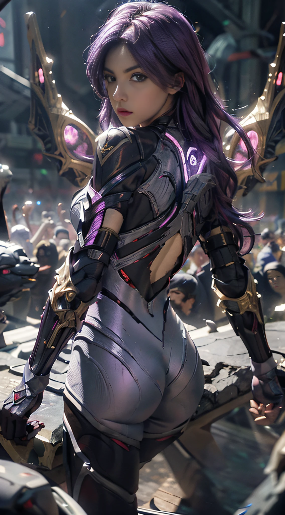 1girl, kai'sa, league of legends, kasa, purple wings, deep purple hair, purple eyes, serious expression, intense glare, looking at the audience, from behind, (dynamic pose), (void wings), weapons, masterpiece, extremely detailed CG Unity 8k wallpaper, best quality, 32k, focus clear, cybercity, neon sign, aperture, void field