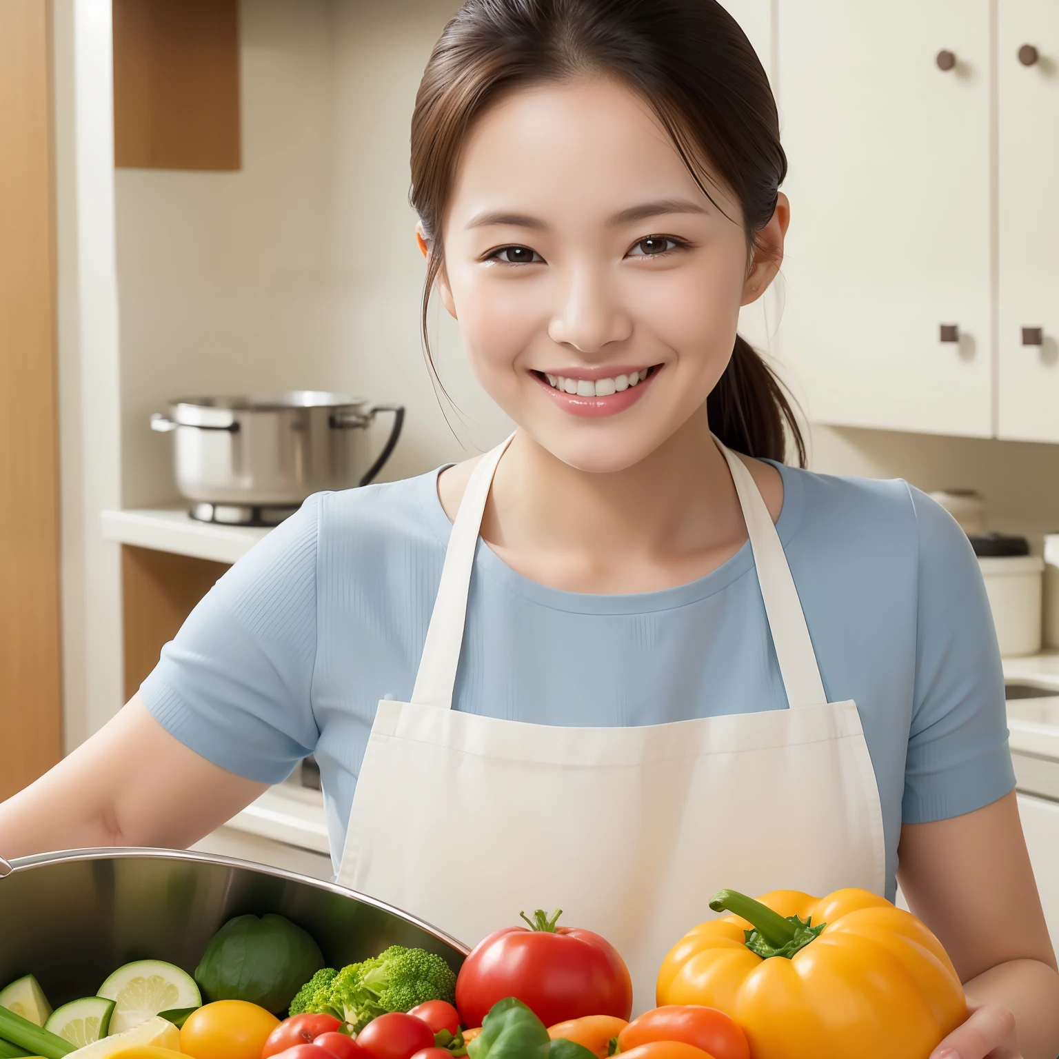 Cooking in the kitchen、Woman in Apron、Cheerful smile、Read recipe books、Bright vegetables、Realistic capture, Highly detailed, High resolution 16k close-up of human skin. Skin texture must be natural, Detailed enough to finely identify pores. Skin should look healthy, In a uniform tone. Use natural light and color