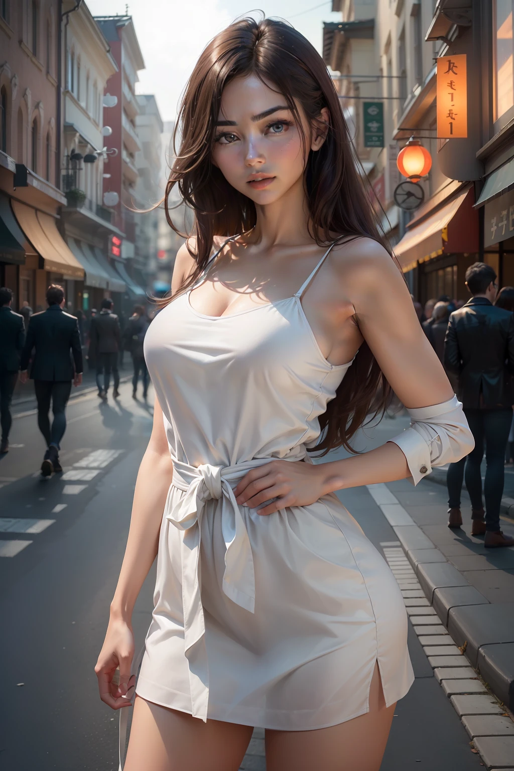 ((Realistic lighting, best qualtiy, 8k, tmasterpiece:1.3)), sharp fokus:1.2, 1girl, Beautiful Women with Perfect Figure:1.4, slenderness:1.1, ((dark brown hair)), (white dresses:1.6),(exteriors,during night:1.1),the city street,Ultra-fine face,Fine eyes,二重まぶた,Hold your right waist with your left hand,The right hand is curved upwards,The fingers of the right hand are clenched into fists and pointed upwards