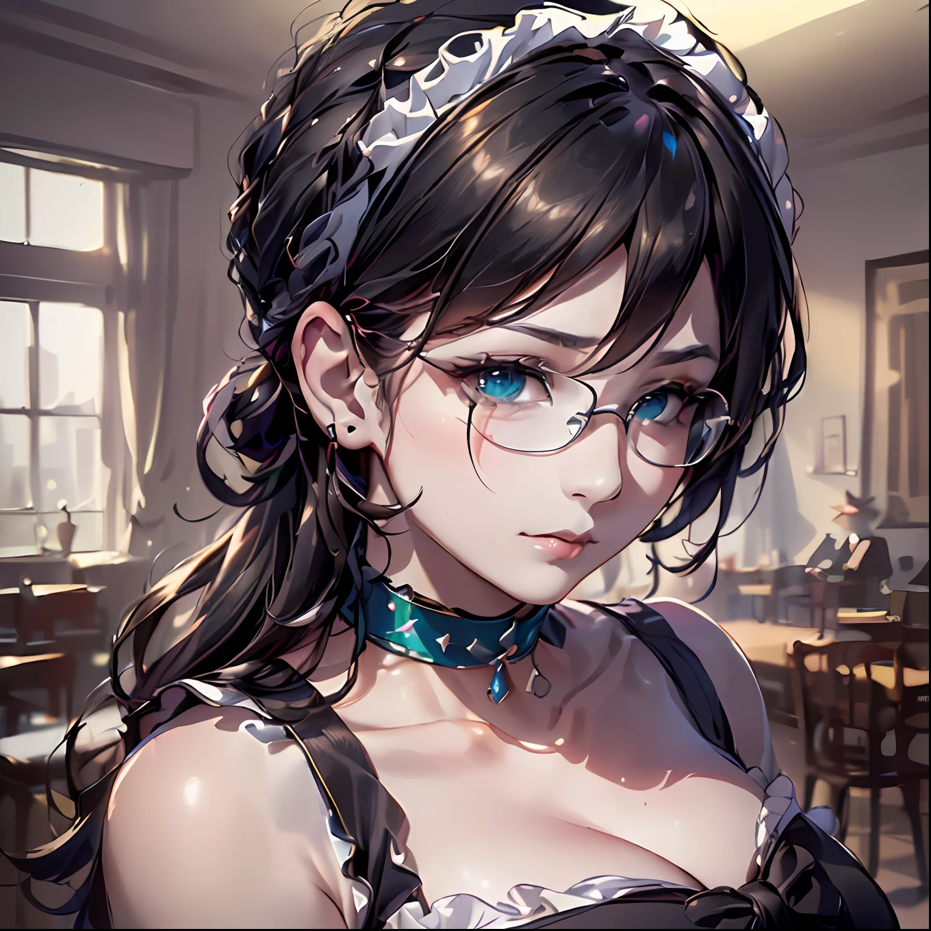 (64k, RAW photo, highres, best quality, masterpiece:2.0), (ultra-fine depiction of the detail:2.0), (realistic, beautiful, photo-realistic:1.3), 1girl, (yuri alpha), (long black hair, slightly messy), (single braid bun), (shiny black hair, blue-gray eyes),(cool glasses), (gothic style vivid blue choker), (blue bowtie and ribbon) (simple but high-quality maid dress), (elaborately designed, vivid dark emerald green, spiked gantlets), (solemn maid dress with gothic style coreset), (huge breasts, sexy cleavage), (elegant and handsome woman), (shiny skin, pink lips), (looking at the viewer), (closed mouth, a faint smile), (in a study room, filled with solemn atmosphere), (highly sophisticated professional HDR, with effective ambient occlusion, perfectly optimized effective spot light and front light:1.8), (perfect, natural, harmonious composition), (photo-realistic, ultra-detailed:1.5), ((portrait, full body, cowboy shot shot:1.6))