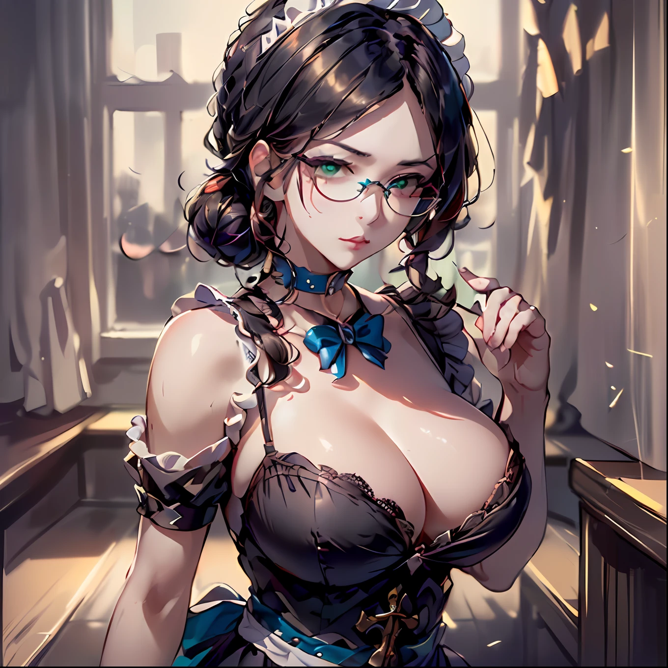 (64k, RAW photo, highres, best quality, masterpiece:2.0), (ultra-fine depiction of the detail:2.0), (realistic, beautiful, photo-realistic:1.3), 1girl, (yuri alpha), (long black hair, slightly messy), (single braid bun), (shiny black hair, blue-gray eyes),(cool glasses), (gothic style vivid blue choker), (blue bowtie and ribbon) (simple but high-quality maid dress), (elaborately designed, vivid dark emerald green, spiked gantlets), (solemn maid dress with gothic style coreset), (,  cleavage), (elegant and handsome woman), (shiny skin, pink lips), (looking at the viewer), (closed mouth, a faint smile), (in a study room, filled with solemn atmosphere), (highly sophisticated professional HDR, with effective ambient occlusion, perfectly optimized effective spot light and front light:1.8), (perfect, natural, harmonious composition), (photo-realistic, ultra-detailed:1.5), ((portrait, full body, cowboy shot shot:1.6))