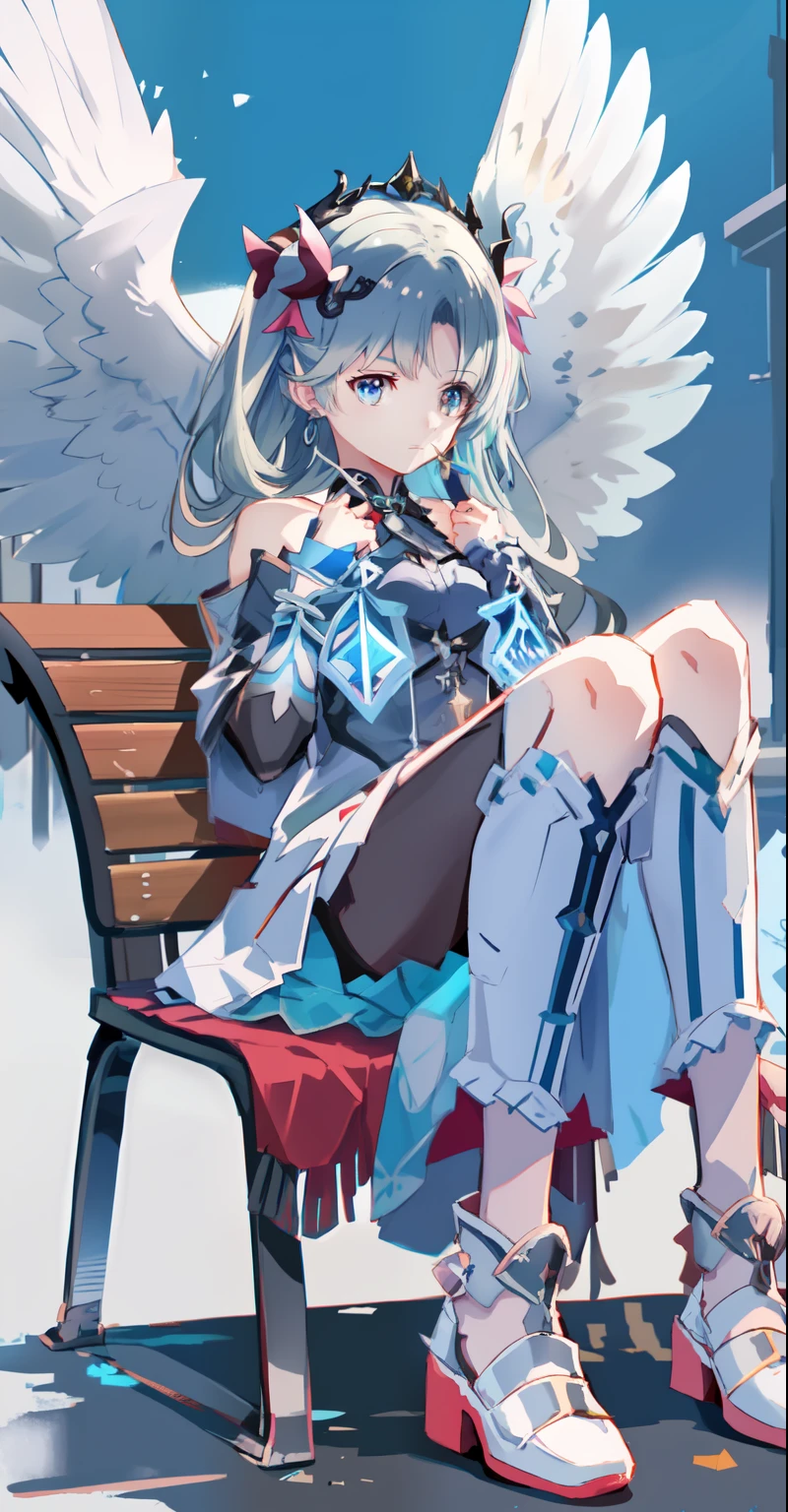 Anime girl sitting on bench，There are angel wings，Holding a blue bag, Popular on Pisif, trending on artstation pixiv, Highest rated on Pisif, From Arknights, anime mecha aesthetic, Pisif style, Kantai collection style, Great character design, in white and blue, Pisif, cold as ice! 🧊, pretty anime character design