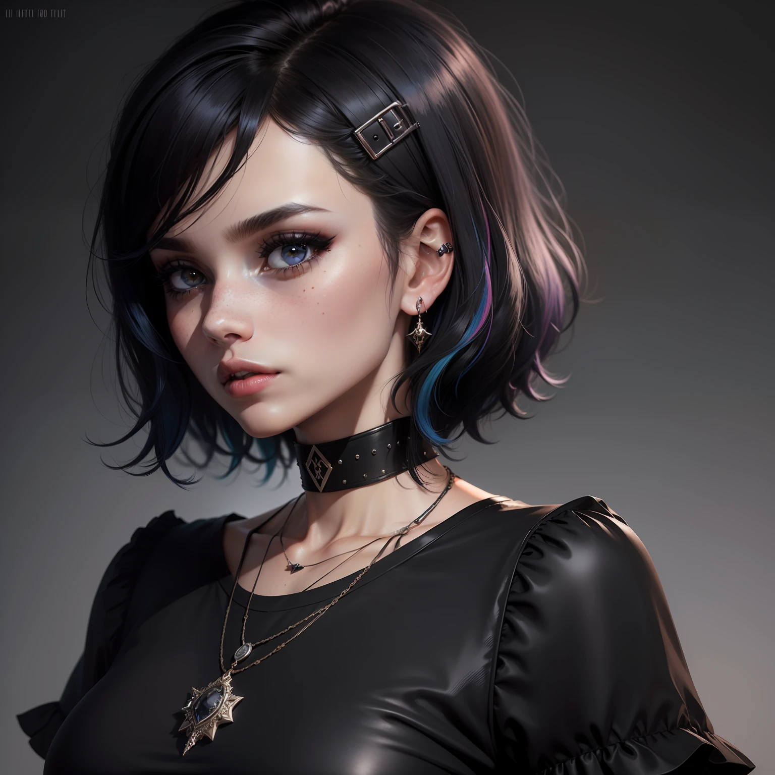masterpiece, best quality, 3d rending work, 3DMM style, close-up, portrait, 3d, 1girl, solo, black, multicolored hair, blue hair, black hair, necklace, freckles, jewelry, two-tone hair, looking to the side, realistic, upper body, simple background, bangs, looking away, short hair, lips parted, black eyes, lips, gothic, choker, makeup, mole, black shirt, shirt, watermark