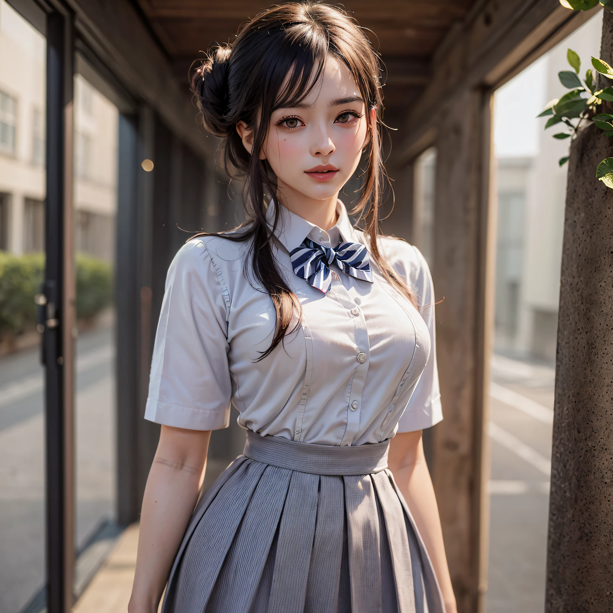 (64k, UHD, Raw photo, highes, Best Quality, mastepiece:2.0), (Ultra-fine depiction of details:3.0) a 18 yo woman, (JK in school uniform, JK suit:1.9), (cowboy shot, full body shot:1.3), (long black hair, single braid bun, double bun), bright theme, cherry blossoms, (closed mouth with a faint happy smile), (perfect body, perfect figure), (perfect slender body), (medium breasts, sexy cleavage:0.7), (perfect, flawless, natural skin texture, hyperrealism, effective front light, sharp), (perfect and effective front lighting:1.4)