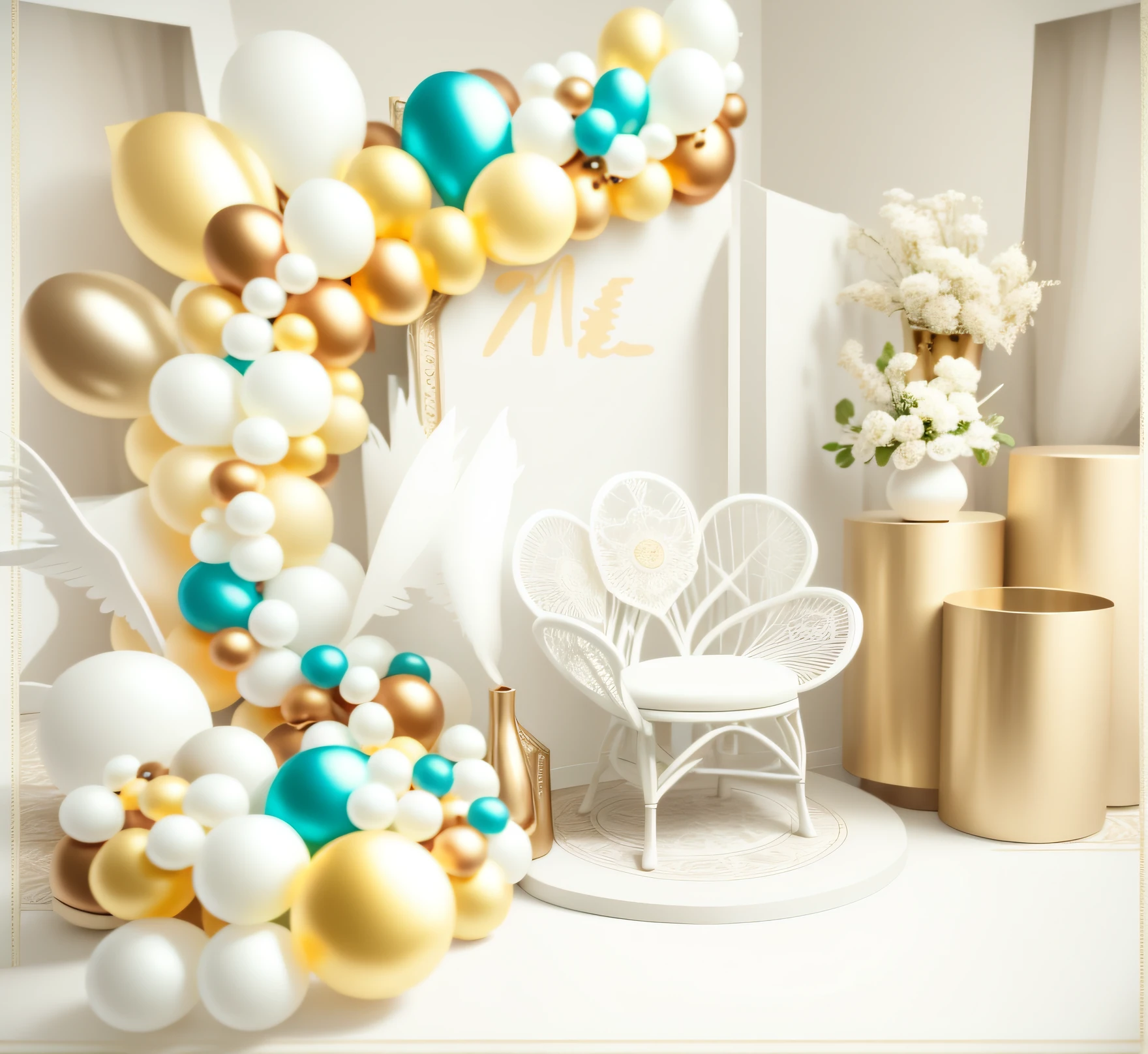 Positive perspective,Fully positive point of view,Balloons and chairs line a room with signs, romantic motifs, Ethereal and dreamy theme, Bohemian neutral, angel themed, detailed wide shot, Ivory and copper, fantasy themed, Self-restraint, large props, Intricate sets, cream and white color scheme, Lots of details, angel themed, white sweeping arches, white and gold color scheme, hight decorated
