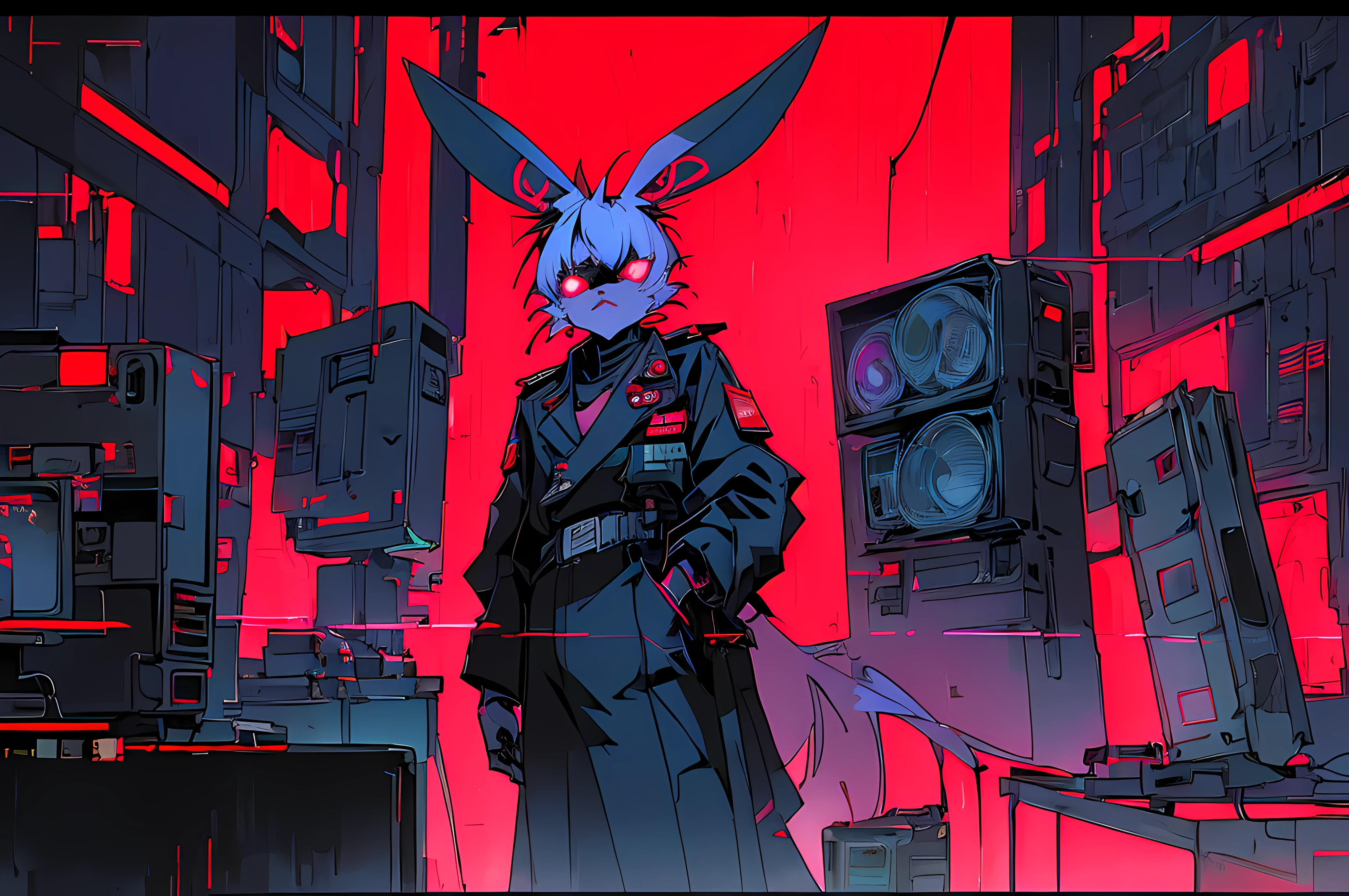 (((cyberpunk bleak bleak bleak dark black black black bleak gray))), vampire hunter d, (vintage vhs), (crt screenshot), (((dark scene))), (((dark cloudy scene))), (((angel's egg anime))), (((serial experiments lain anime))), (((dystopian basement scene))), (((unlit nighttime scene))), (((dark abandoned cyberpunk glowing screens lab house))), (((solemn black anthro kemono furry rabbit kommisar gestapo officer fighter with uniform and tall bunny ears exploring old computer screens))), (((cyberpunk dystopian headquarters filled with glowing computer monitors and red screens))), anime black rabbit gestapo with futuristic hair and piercing glowing eyes and tall bunny ears commander, anime art, anime aesthetic, (((old electronics in background cel art))), kemono anime rabbit man, wearing cybernetic bunny ears, angry male fighter --v6
