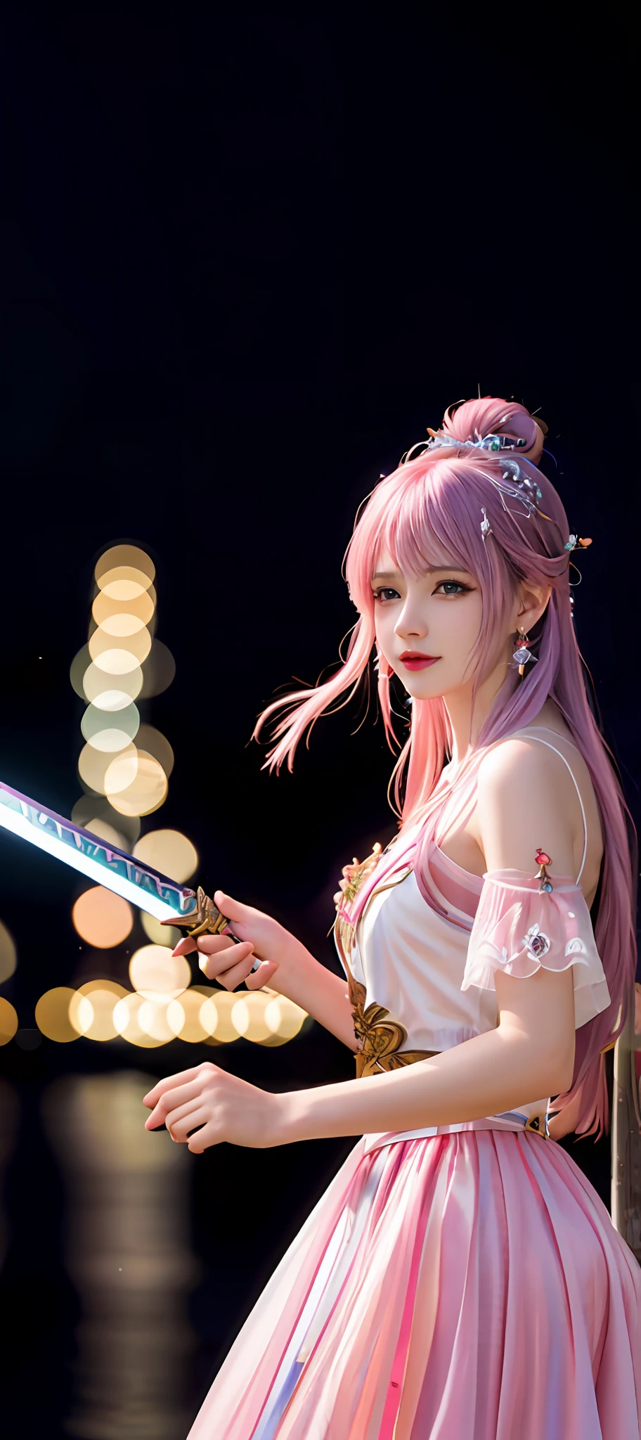 realisticity: 1.2), best quality, masterpiece, highres, cg, 1girl, weapon, sword, long hair, dress, water, solo, jewelry, pink dress, earrings, hair ornament, splashing, upper body super realistis, hair bun, blue and pink hair, city backgraun realistis, lighting,candid, Photograph, high resolution, 4k, 8k, Bokeh,