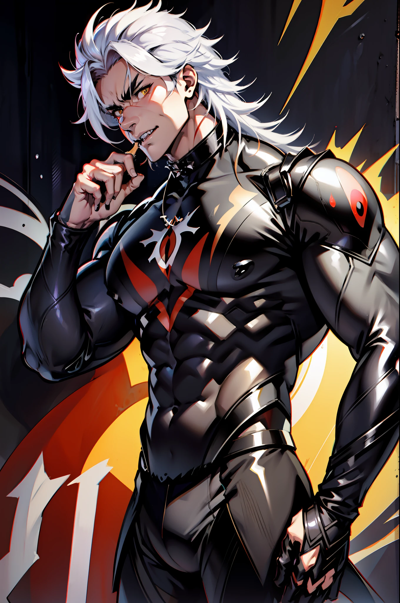 《the original god》Arataki Kazuto , male people, muscle, , Venom symbiote for your body, Black mucus of the body , into venom, venomize,Black bodysuit,Abs,(Adult male)((Venom possession,venom symbiote)),((Masterpiece)), ((Best quality)), Ultra detailed,((illustration)), Dynamic Angle, Detailed light, (Delicate eyes), Floating, 1boy, Male focus, Head, Clothing, Yellow eyes, necklace, tattoo, (Forehead:0.8), (ahoge:0.8), jewelry, whaite hair,apathy,Ray, muscle, , Venom symbiote for your body, Black mucus of the body , (into venom), Venom,frontage,Bust photo,White tight-fitting top,spiderman outfit,style of anime4 K, 4K anime wallpaper, Badass anime 8 K, 4 k comic wallpaper, young anime man, Anime boys, Anime wallpapers 4 k, Anime wallpaper 4K, High quality anime art style, Anime moe art style, Anime art wallpaper 8 K, Anime art wallpaper 4 K, RGB lighting,