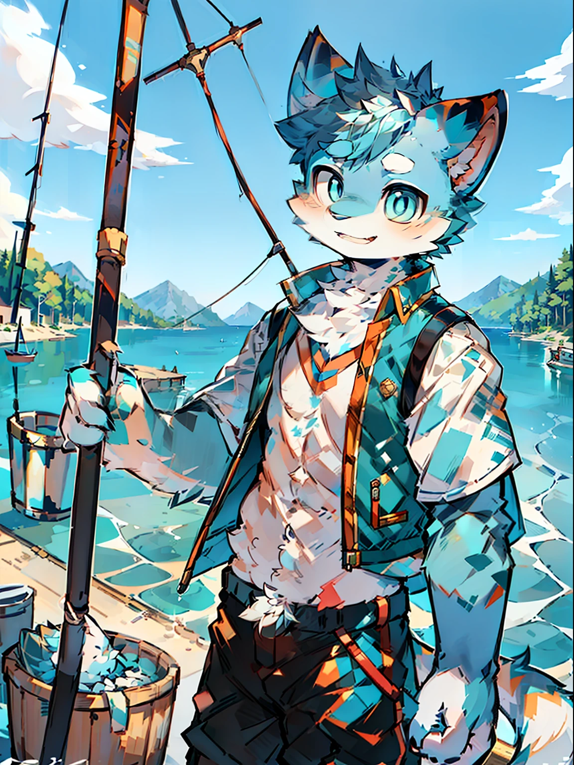 Little Shota, Beautiful day, shorter pants, Furry vest, The role of the human tiger of the white master, skyblue hair, Blue and white pupils, harbour, fishing, bucket, fishing pole, sailors, Close one eye, astonishment, Abs, Detailed face rendering, CG photorealistic effect, photography of, Background with