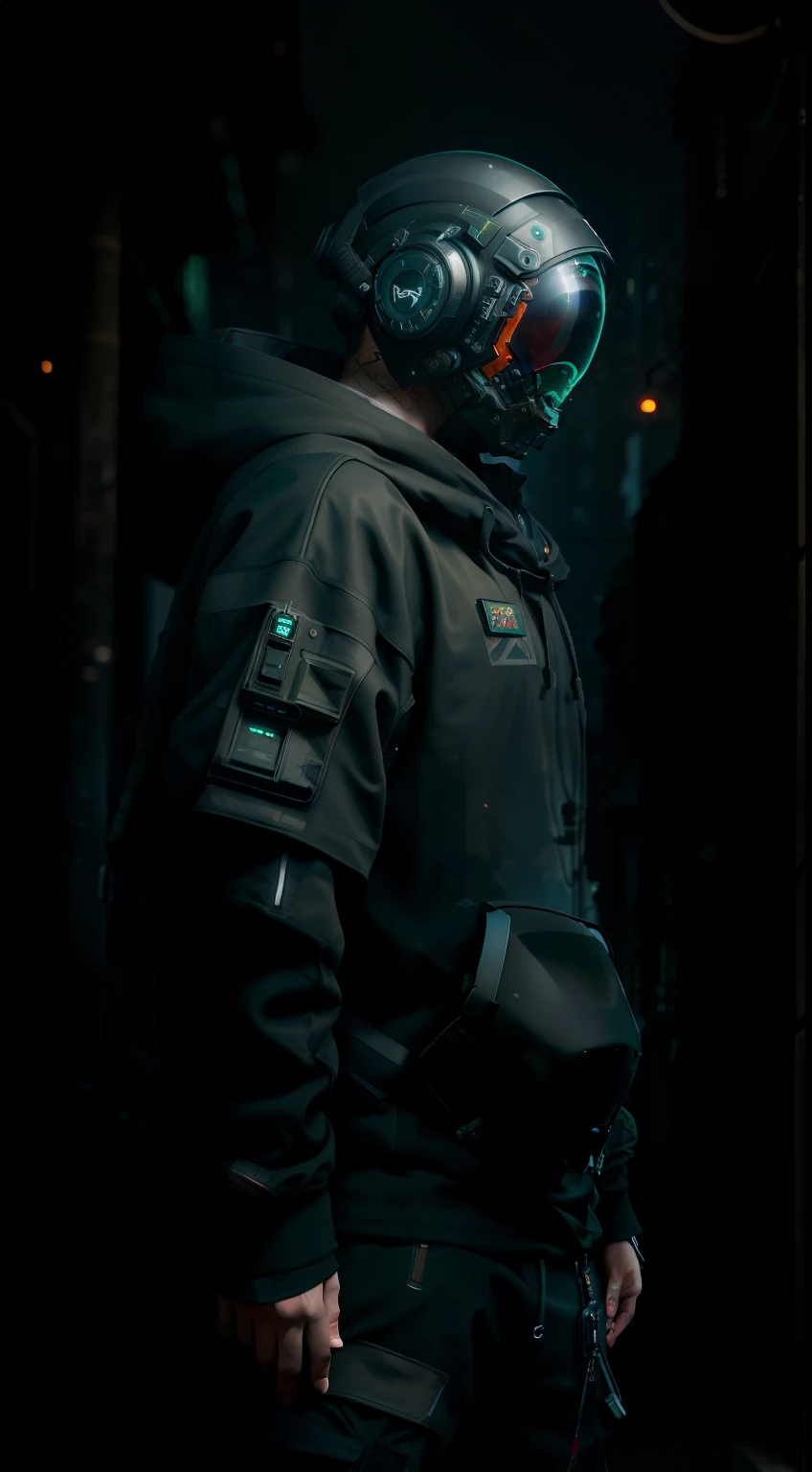 (masterpiece, full body shot, intricate raw photography) Cyberpunk citizen, comfortable oversize black hoodie, black cargo pants, black clothes, dark, wearing a black helmet hitech style Astronaut, intricate, futuristic, advanced technology, dark environment, dramatic, light and shadow, cinematic, action movie, sharpness, random relaxed position, Cyberpunk City, street lights, dark street, night, Insta photo, photo of the year, octane render, substance, Maya 3D, cinema4D, ArtStation Trending, Devian Art Trend,