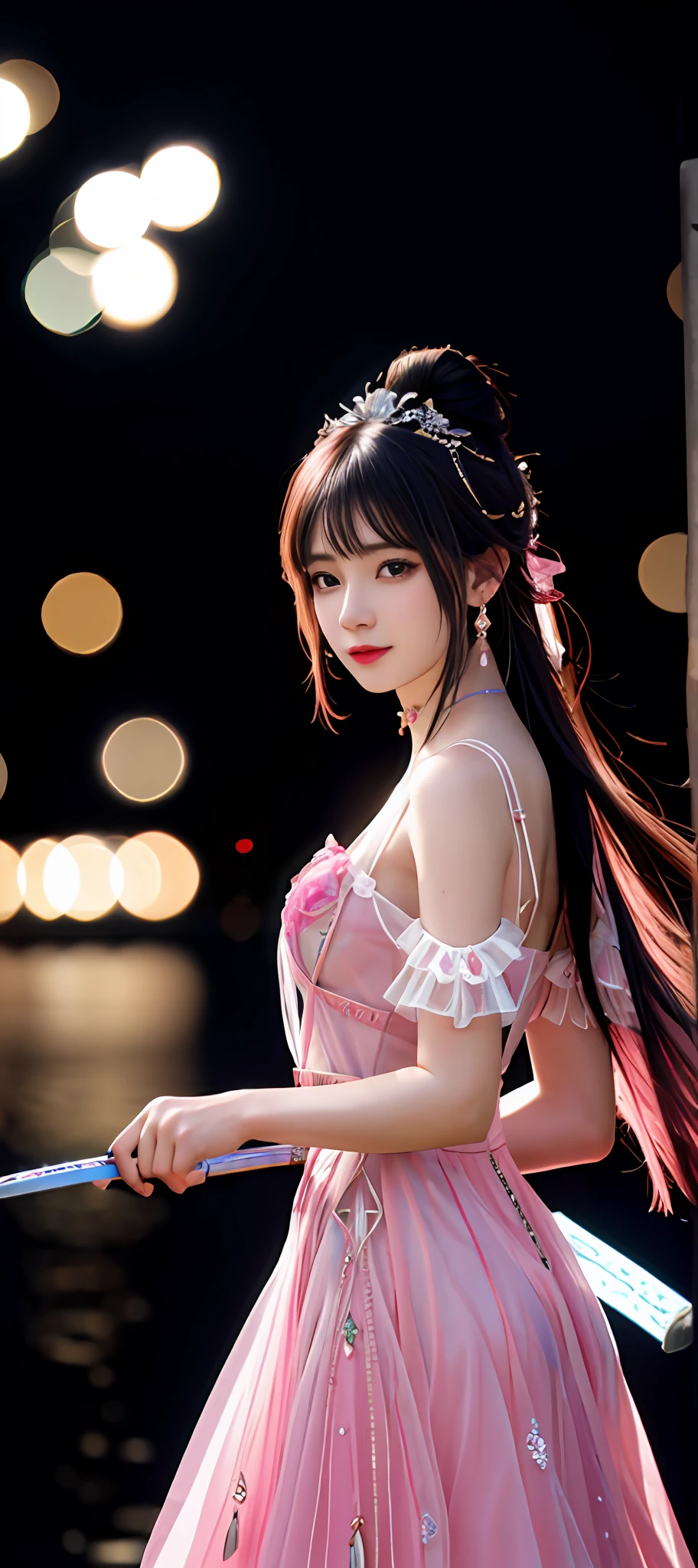 realisticity: 1.2), best quality, masterpiece, highres, cg, 1girl, weapon, sword, long hair, dress, water, solo, jewelry, pink dress, earrings, hair ornament, splashing, upper body super realistis, hair bun, blue and pink hair, city backgraun realistis, lighting,candid, Photograph, high resolution, 4k, 8k, Bokeh,