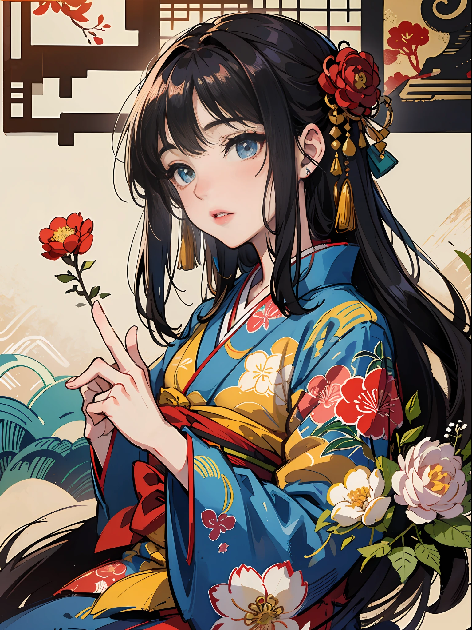 Master Pieces,hyper quality, Hyper Detailed,Perfect drawing,独奏、Beauty in the world、Komono、Japanese dress、Black-haired、Japanese hair、Colorful Japan kimono、Nishijin Ori、Delicate and smart eyes、Half-open lips、sidelong glance、Graceful、Gorgeous、Beautiful、red blush(0.2)、Dazzling、Stunning、Gorgeous、Gentle、Shunguang、natural soft light、Flowers and Birds Fugetsu、traditional Japanese room、The gesture of applying lipstick with the index finger、Accurate drawing、Detailed drawing、