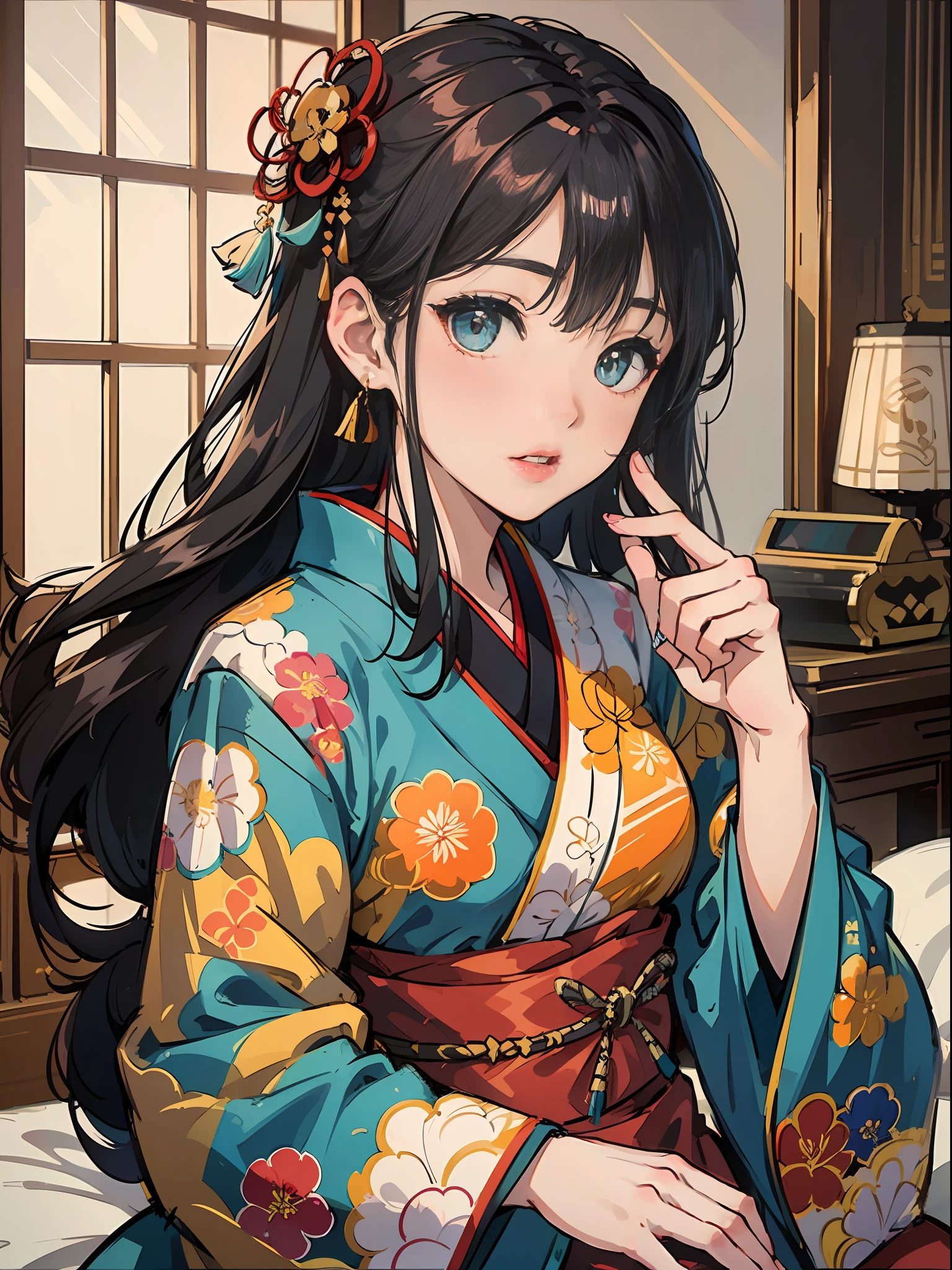 Master Pieces,hyper quality, Hyper Detailed,Perfect drawing,独奏、Beauty in the world、Komono、Japanese dress、Black-haired、Japanese hair、Colorful Japan kimono、Nishijin Ori、Delicate and smart eyes、Half-open lips、sidelong glance、Graceful、Gorgeous、Beautiful、red blush(0.2)、Dazzling、Stunning、Gorgeous、Gentle、Shunguang、natural soft light、Flowers and Birds Fugetsu、traditional Japanese room、The gesture of applying lipstick with the index finger、Accurate drawing、Detailed drawing、