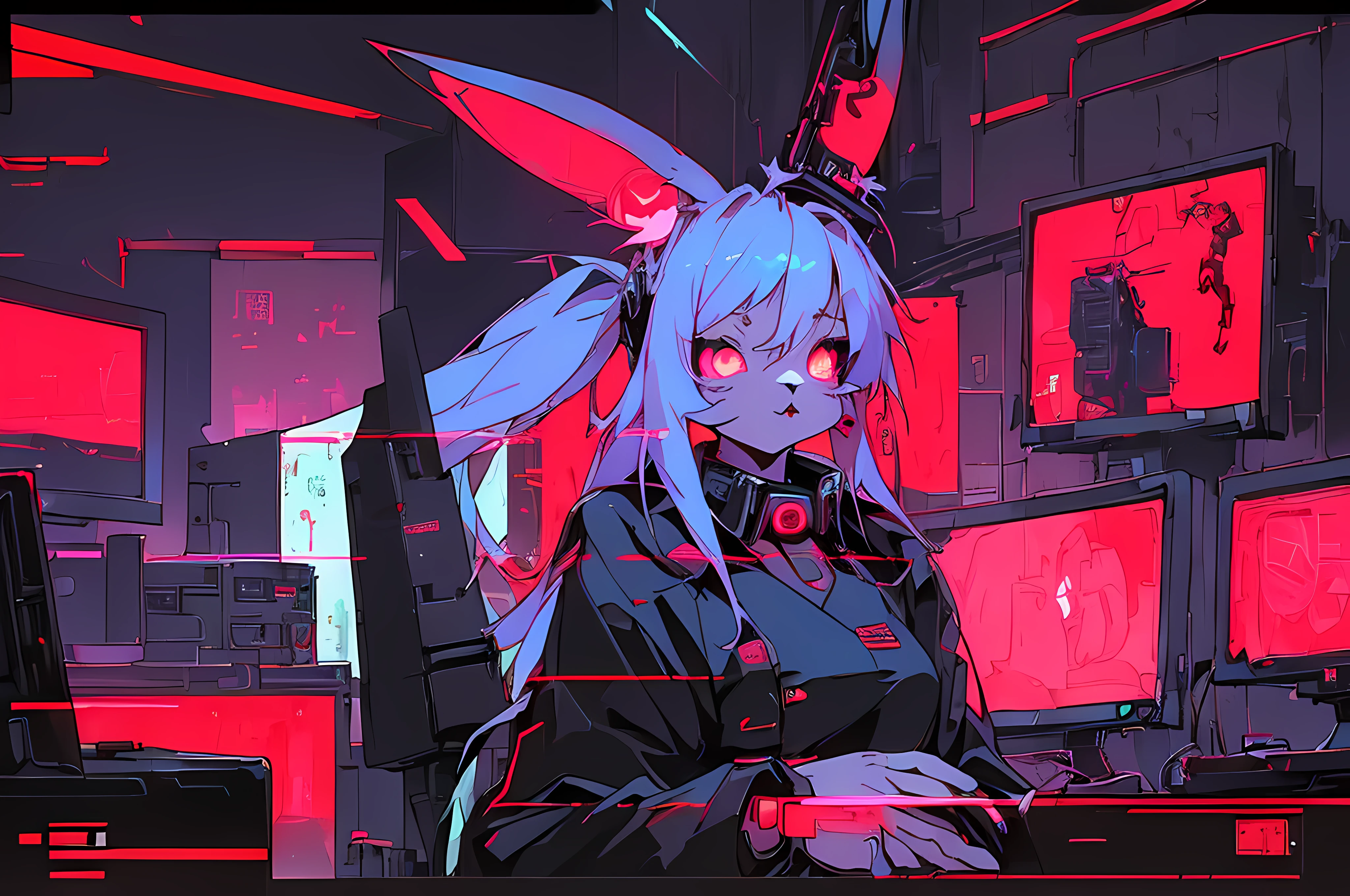 (((cyberpunk bleak bleak bleak dark black black black bleak gray))), vampire hunter d, (vintage vhs), (crt screenshot), (((dark scene))), (((dark cloudy scene))), (((angel's egg anime))), (((serial experiments lain anime))), (((dystopian basement scene))), (((unlit nighttime scene))), (((dark abandoned cyberpunk glowing screens lab house))), (((solemn black anthro kemono furry rabbit kommisar gestapo officer fighter with uniform and tall bunny ears exploring old computer screens))), (((cyberpunk dystopian headquarters filled with glowing computer monitors and red screens))), anime black rabbit gestapo with futuristic hair and piercing glowing eyes and tall bunny ears commander, anime art, anime aesthetic, (((old electronics in background cel art))), kemono anime rabbit man, wearing cybernetic bunny ears, angry male fighter --v6