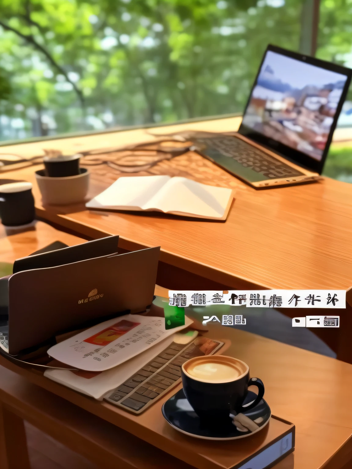 There was a laptop on the table，There was a cup of coffee on top, Middle metaverse, abcdefghijklmnopqrstuvwxyz, elegant study, full device, Chiba Yuda, 💣 💥, 🚿🗝📝, inspired by Cheng Jiasui, Overlay Chinese text