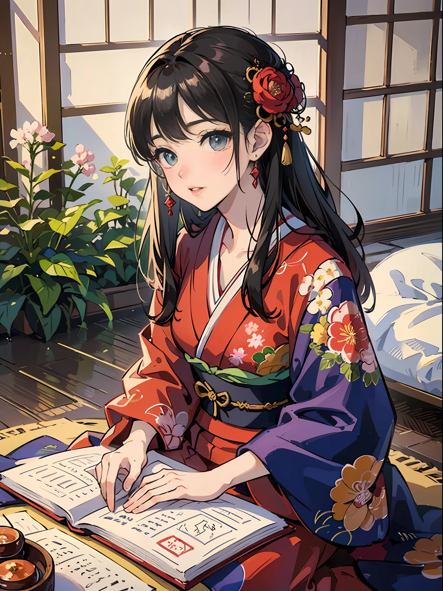 Master Pieces,hyper quality, Hyper Detailed,Perfect drawing,独奏、Beauty in the world、Komono、Japanese dress、Black-haired、Japanese hair、Colorful Japan kimono、Nishijin Ori、Delicate and smart eyes、Half-open lips、sidelong glance、Graceful、Gorgeous、Beautiful、red blush(0.2)、Dazzling、Stunning、Gorgeous、Gentle、Shunguang、natural soft light、Flowers and Birds Fugetsu、traditional Japanese room、Accurate drawing、Detailed drawing、
