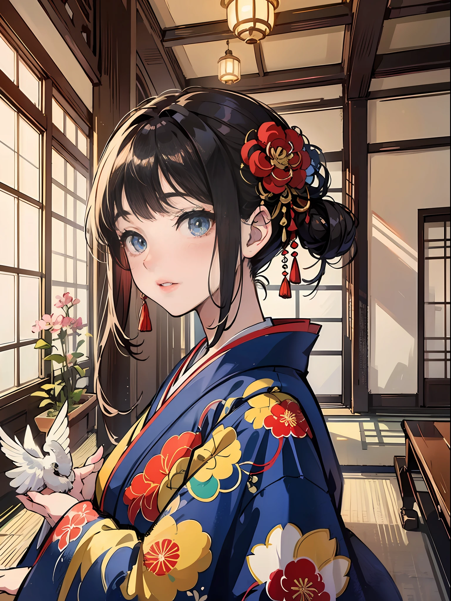 Master Pieces,hyper quality, Hyper Detailed,Perfect drawing,独奏、Beauty in the world、Komono、Japanese dress、Black-haired、Japanese hair、Colorful Japan kimono、Nishijin Ori、Delicate and smart eyes、Half-open lips、sidelong glance、Graceful、Gorgeous、Beautiful、red blush(0.2)、Dazzling、Stunning、Gorgeous、Gentle、Shunguang、natural soft light、Flowers and Birds Fugetsu、traditional Japanese room、Accurate drawing、Detailed drawing、