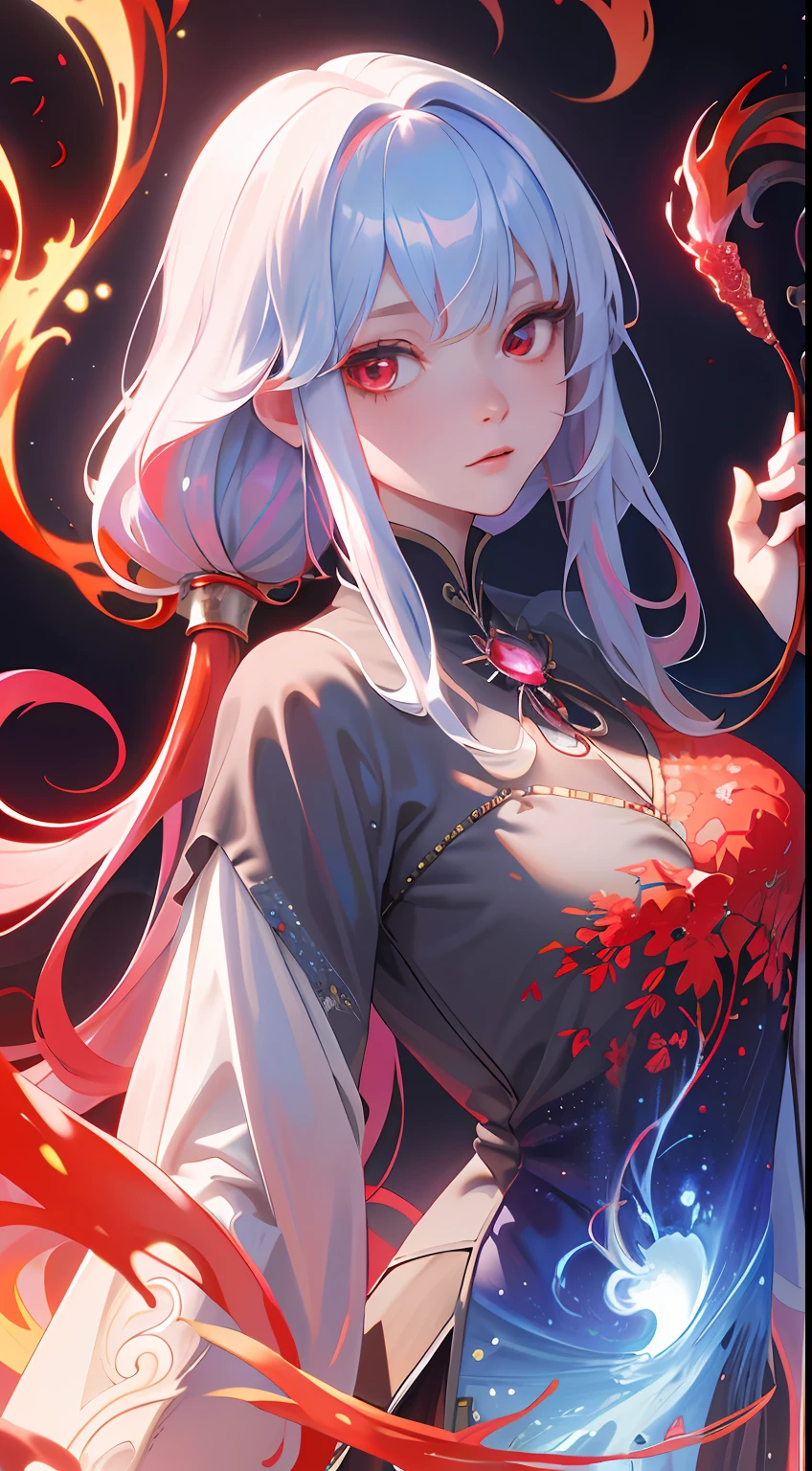 realisticlying、Masterpiece quality、best qualtiy、offcial art、Beauty and aesthetics:1.2、Very detailed fractal art、Colorful abstract background、Kizi、Kamimei、The color hair、long whitr hair、luminous red eyes、Mysterious magic、Girl of Ice and Fire