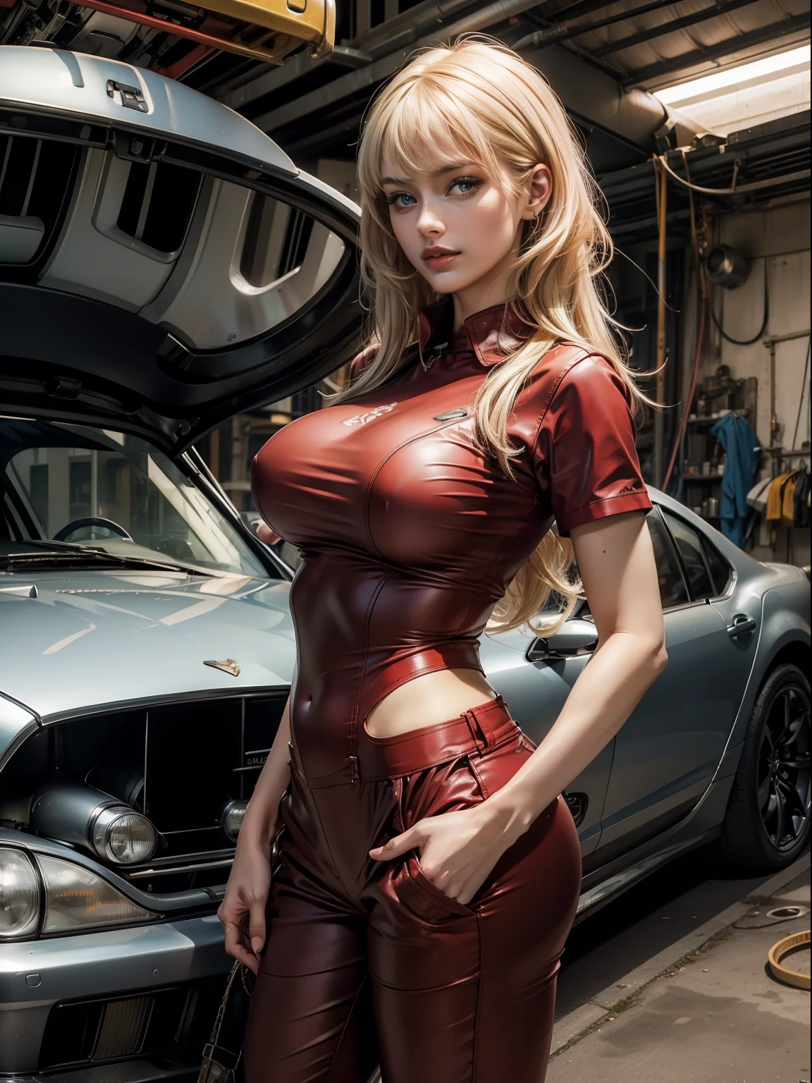 masuter piece, best qualtiy, ((realisitic)), ((1 person)), 8K picture quality, extremely delicate and beautiful, magnifica, Official art with attention to detail, Ridiculous, unbelievable Ridiculous, huge filesize, ultra-detailliert, ighly detailed, (Beautuful Women), (detailed woman), Blonde hair, ((Perfect female figure)), large full breasts, Slim waist, big butts, ((car mechanic)), ((Dark red short sleeve mechanic suit)), With bangs, Feminine look, (ssmile), Car repair shop