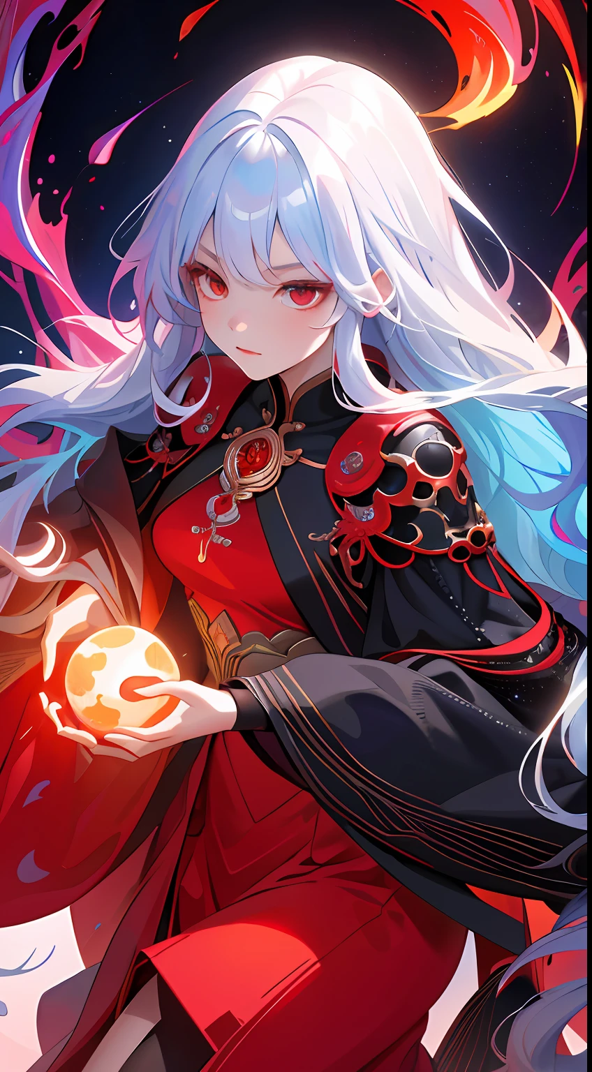 realisticlying、Masterpiece quality、best qualtiy、offcial art、Beauty and aesthetics：1.2、Very detailed fractal art、Colorful abstract background、Kizi、Kamimei、The color hair、long whitr hair、luminous red eyes、Mysterious magic、Girl of Ice and Fire