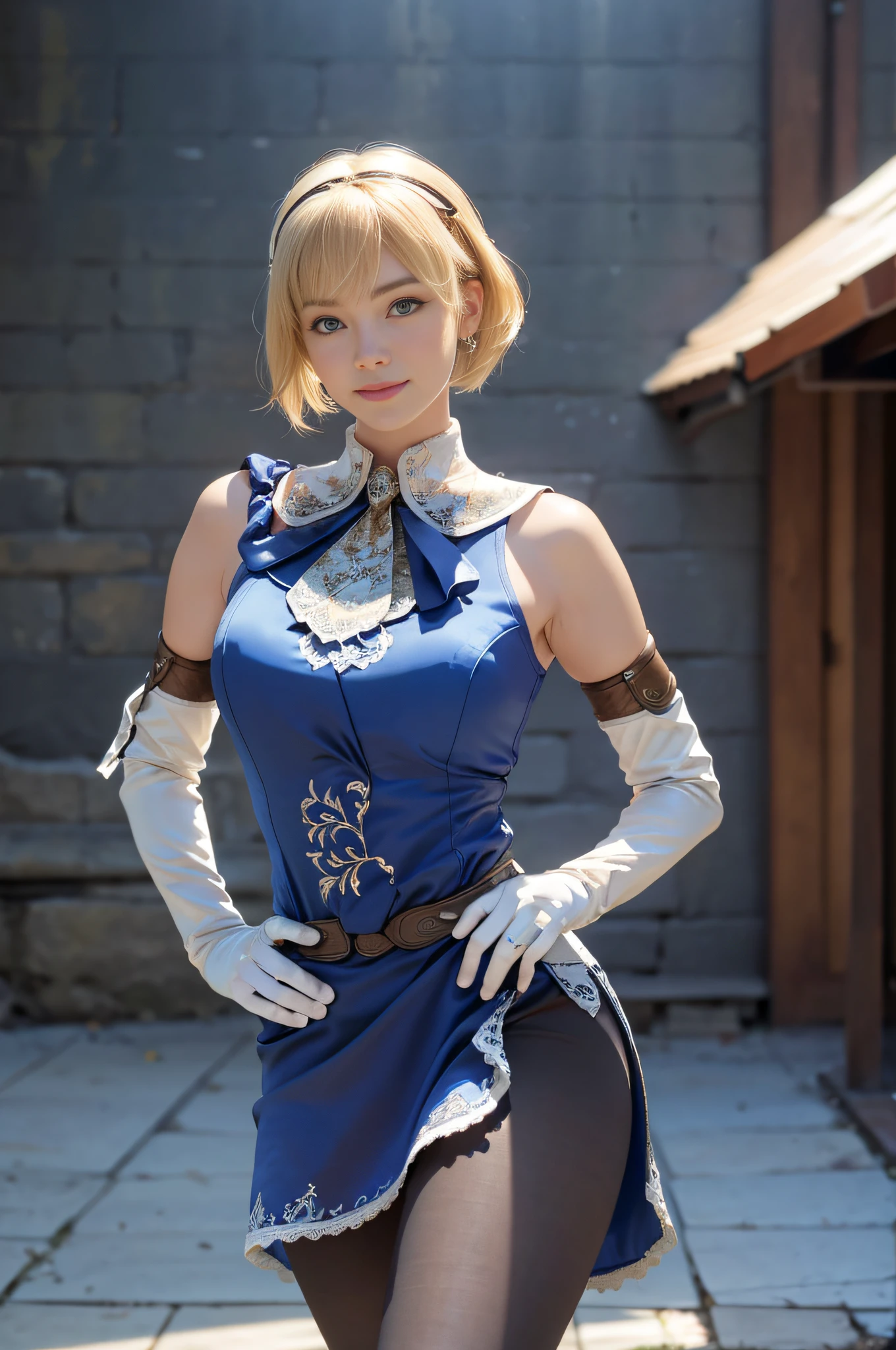 (masterpiece, best quality:1.2), cowboy shot, solo, 1girl, cassandra alexandra, closed mouth, looking at viewer, hand on hip, hairband, armor, dress, necktie, pantyhose, (elbow gloves:1.1),  (insanely detailed, beautiful detailed face, masterpiece,beautiful detailed face eyes, best quality), silk, satin, shiny, sexy pose, smile, very large breasts, (blonde hair)