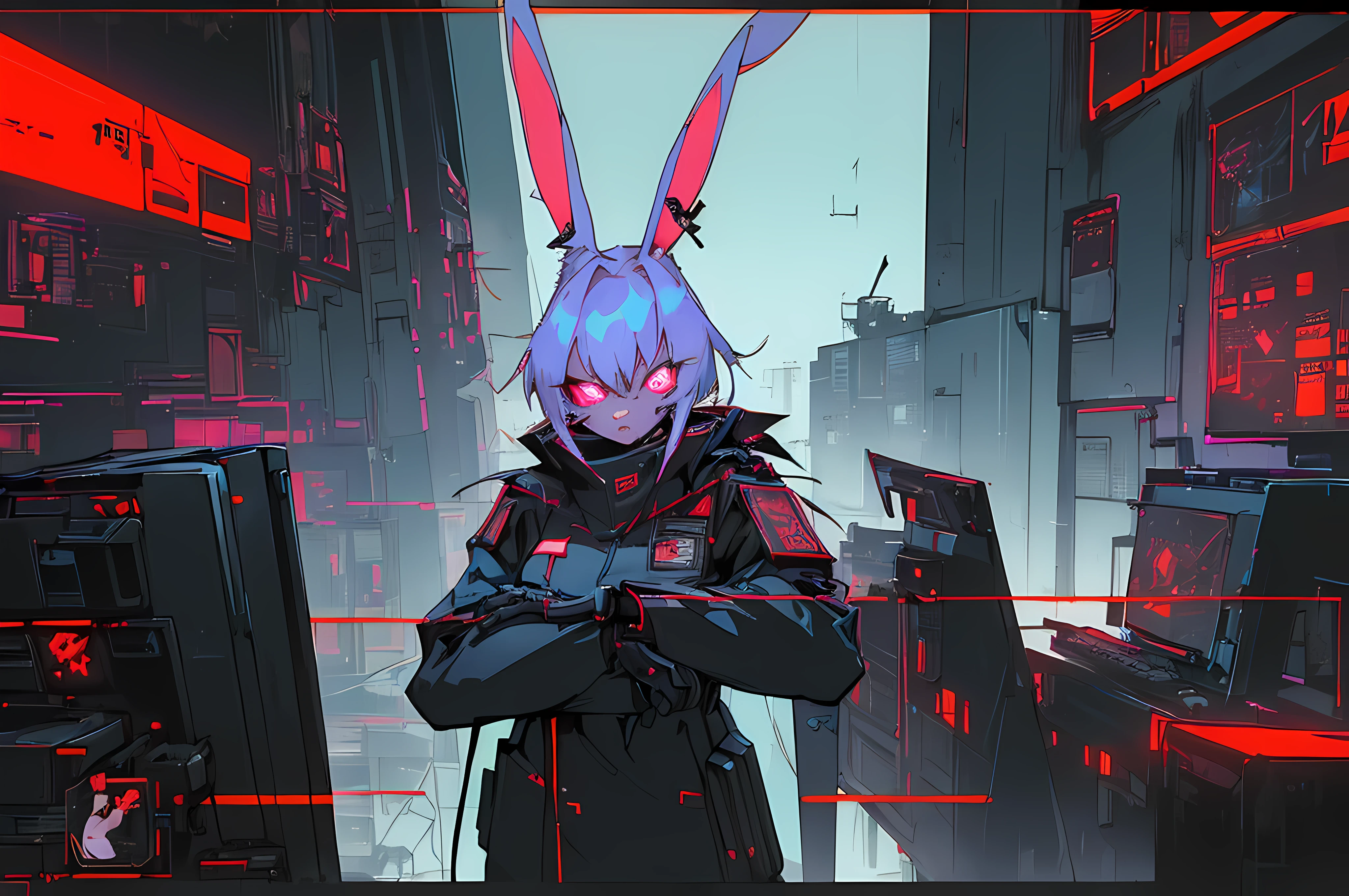 (((cyberpunk bleak bleak bleak dark black black black bleak gray))), vampire hunter d, (vintage vhs), (crt screenshot), (((dark scene))), (((dark cloudy scene))), (((angel's egg anime))), (((serial experiments lain anime))), (((dystopian basement scene))), (((unlit nighttime scene))), (((dark abandoned cyberpunk glowing screens lab house))), (((solemn black anthro kemono furry rabbit kommisar gestapo officer fighter with uniform and tall bunny ears exploring old computer screens))), (((cyberpunk dystopian headquarters filled with glowing computer monitors and red screens))), anime black rabbit gestapo with futuristic hair and piercing glowing eyes and tall bunny ears commander, anime art, anime aesthetic, (((old electronics in background cel art))), kemono anime rabbit man, wearing cybernetic bunny ears, angry male fighter --v6