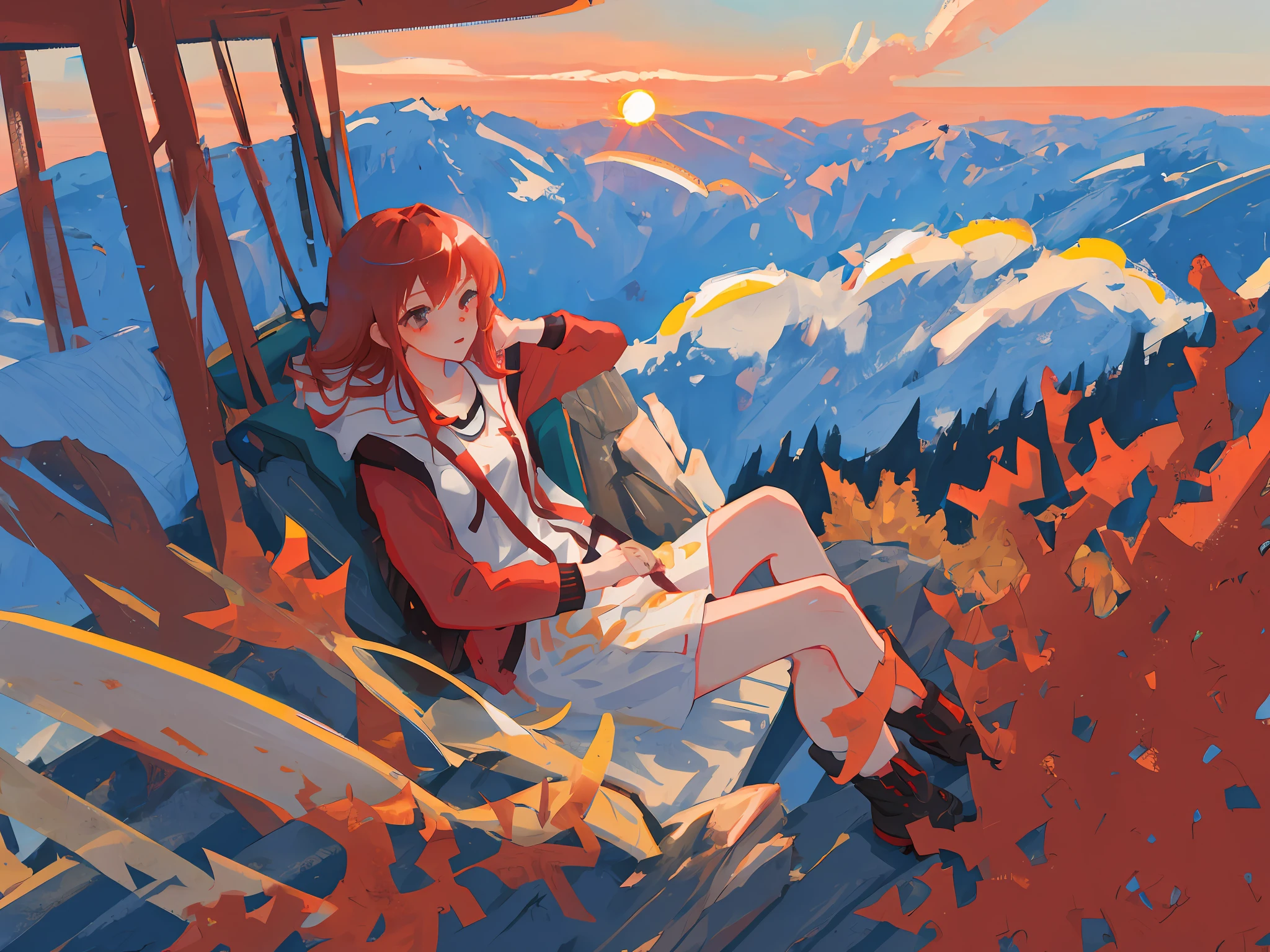 Girl with crimson red hair sitting at the top of a mountain looking above the clouds towards a beautiful sunset