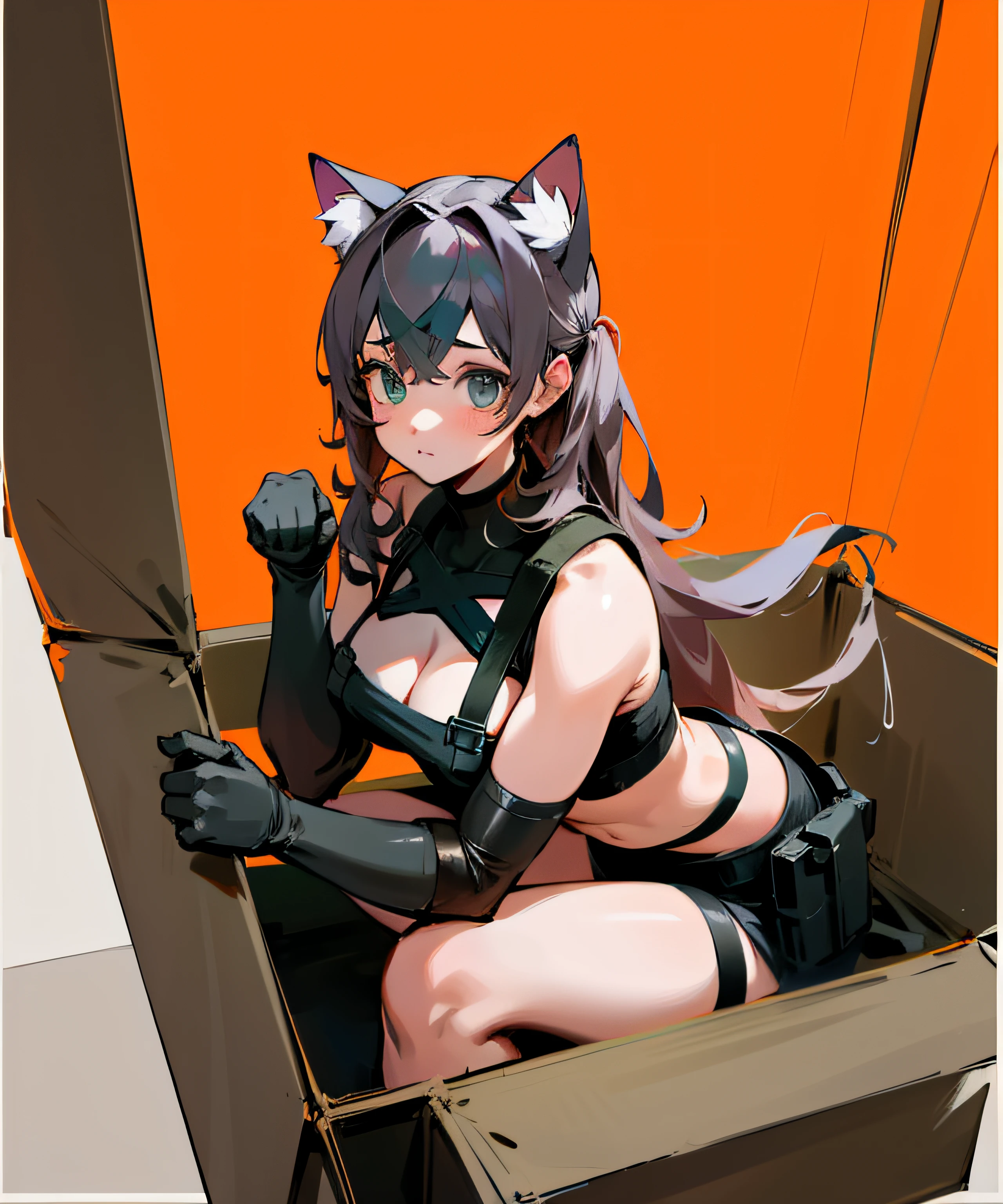 masterpiece,1girl,solo, cat_ears, cosplay as solid snake, for adoption, 8k, looking at viewer, ultrasharp,  absurdres, high res