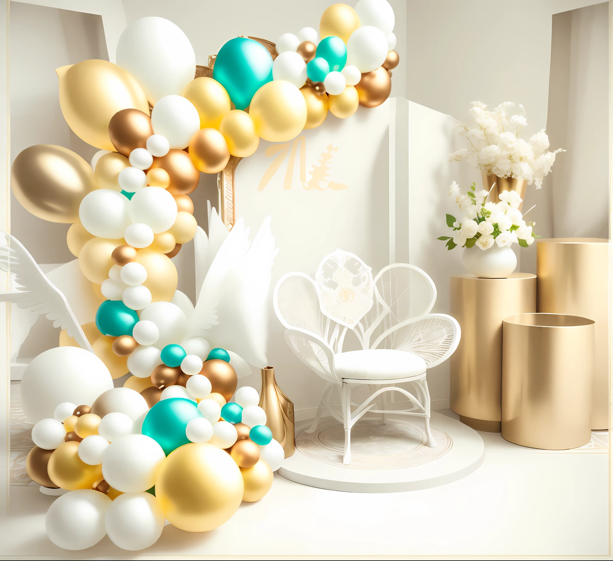 Positive perspective,Totally positive point of view,Balloons and chairs line the room with signs, romantic motifs, Ethereal and dreamy theme, Bohemian neutral, angel themed, detailed wide shot, Ivory and copper, fantasy themed, Self-restraint, large props, Intricate sets, cream and white color scheme, Lots of details, angel themed, white sweeping arches, white and gold color scheme, hight decorated,rich details