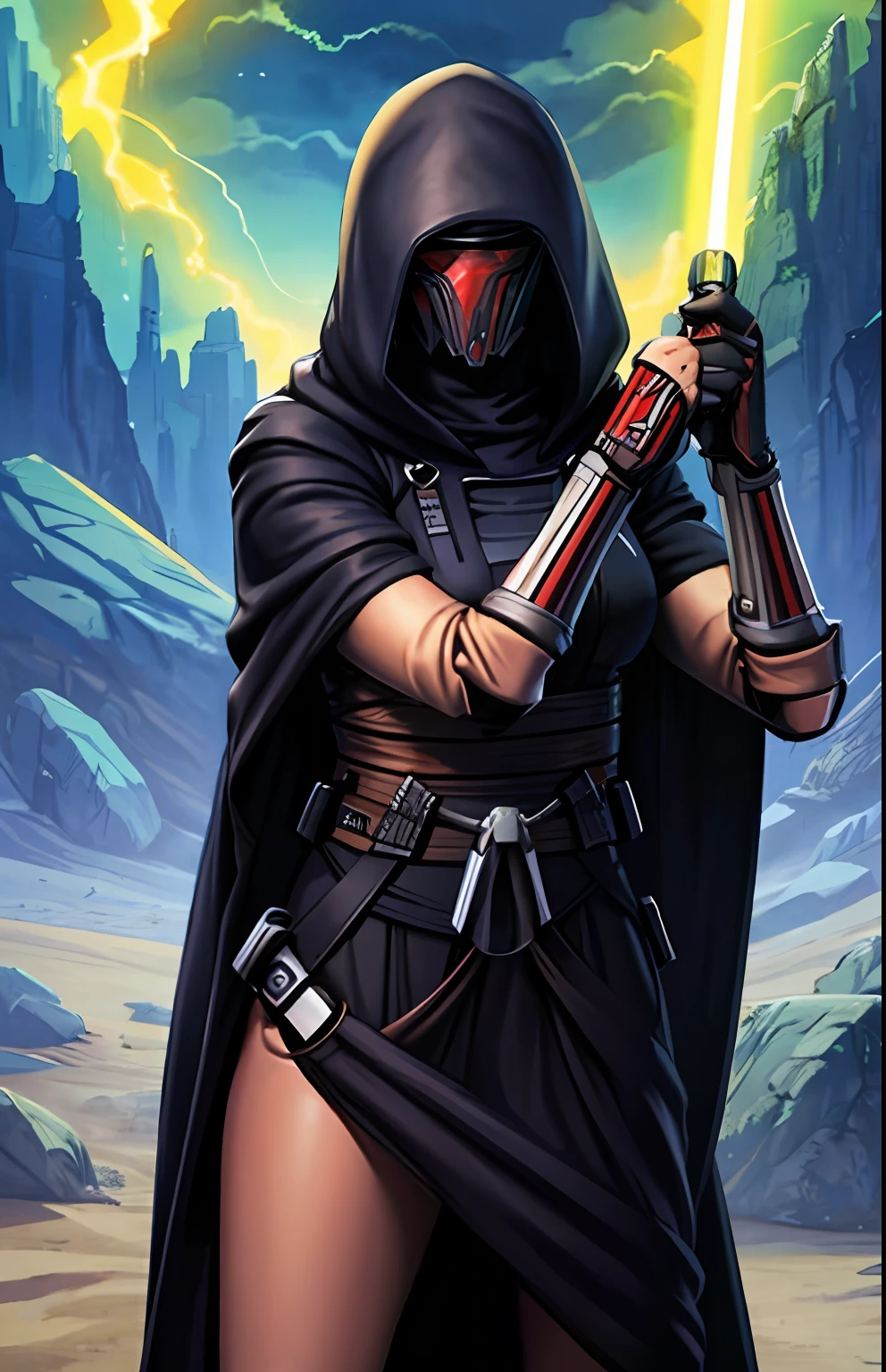 1asianfemalejedi, cowboy shot, Revan Raiment, black robes, star wars,  standing, mask, fighting stance,
detailed background, lightsaber,  desert, sand, rocks, high quality, proportionate, correct dimensions and details, cinematic qualities, epic, masterpiece, cinematic quality, high resolution, high definition, excellent details, artstation