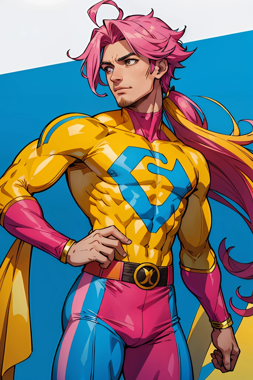 One Guy Pansexual super hero pink yellow and blue clothes from Pansexuality Pansexual flag medium long hair guy