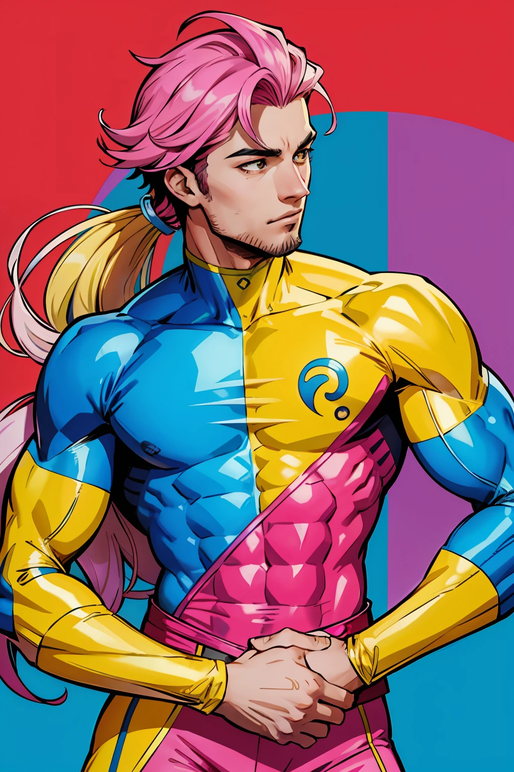 One Guy Pansexual super hero pink yellow and blue clothes from Pansexuality Pansexual flag medium long hair guy