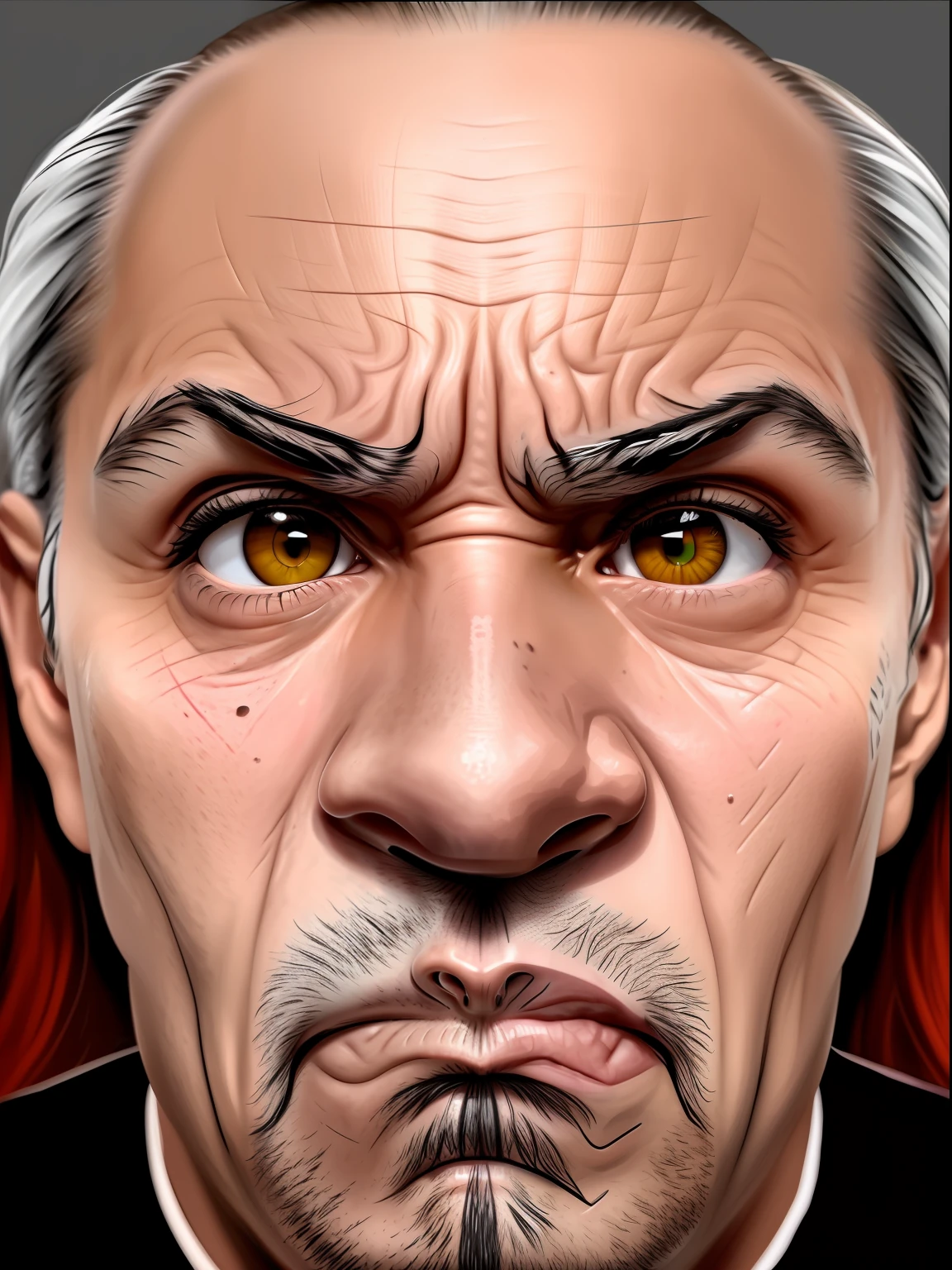 imagem arrogante de um homem com uma cara muito grande no rosto, face severa, stern expression, angry expression, mal-humorado [ velho ], angry facial expression, angry looking at camera, cara de raiva, homem zangado, very angry expression, arte digital muito realista, olhar irritado, cara de zangada, parecendo irritado, Scowling, olhar severo, pintura digital ultra realista