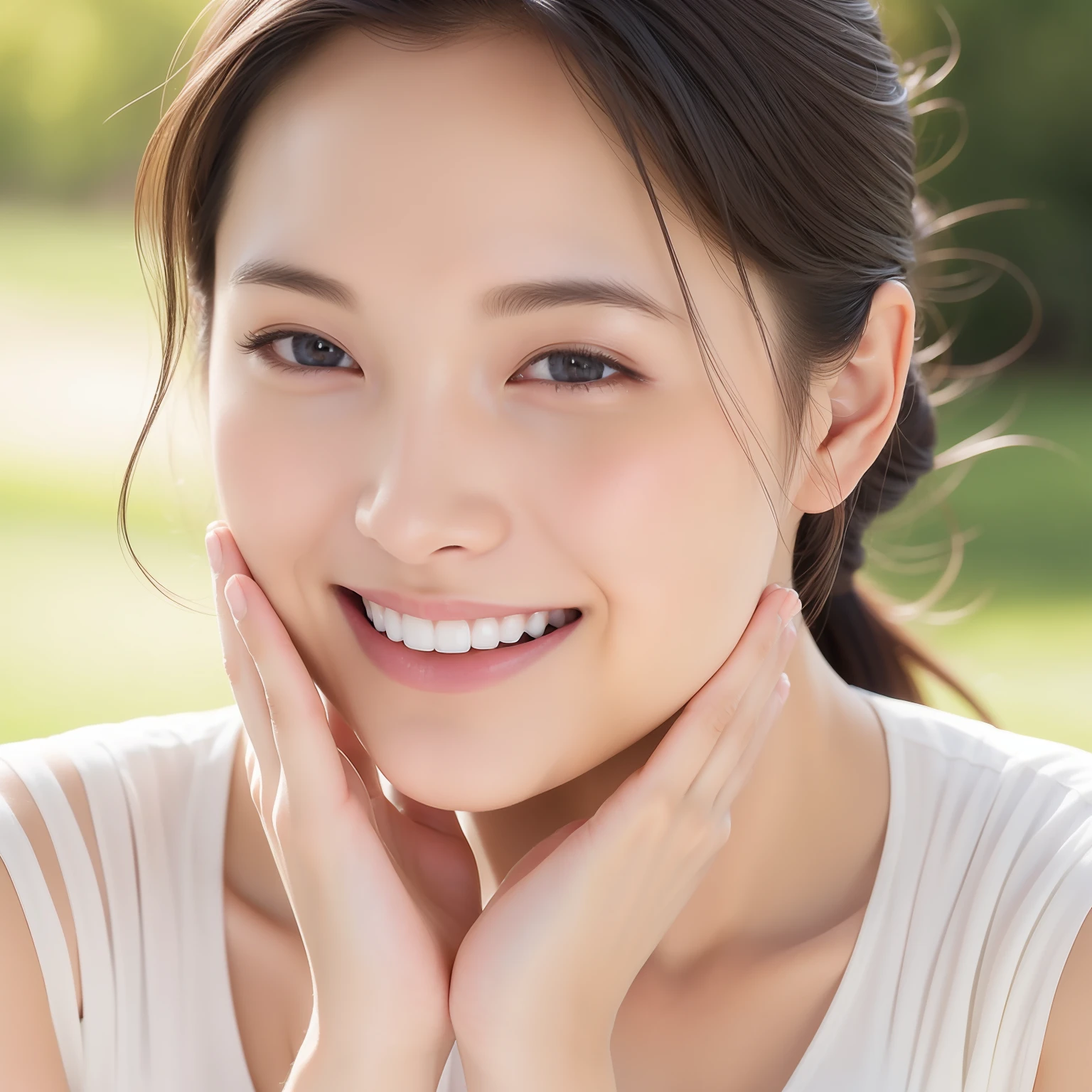 full bodyesbian、Woman with hair tied in white dress、Cheerful smile、Put your hands on your face、Ultra-realistic capture, Highly detailed, High resolution 16k close-up of human skin. Skin texture must be natural, Detailed enough to finely identify pores. Skin should look healthy, In a uniform tone. Use natural light and color