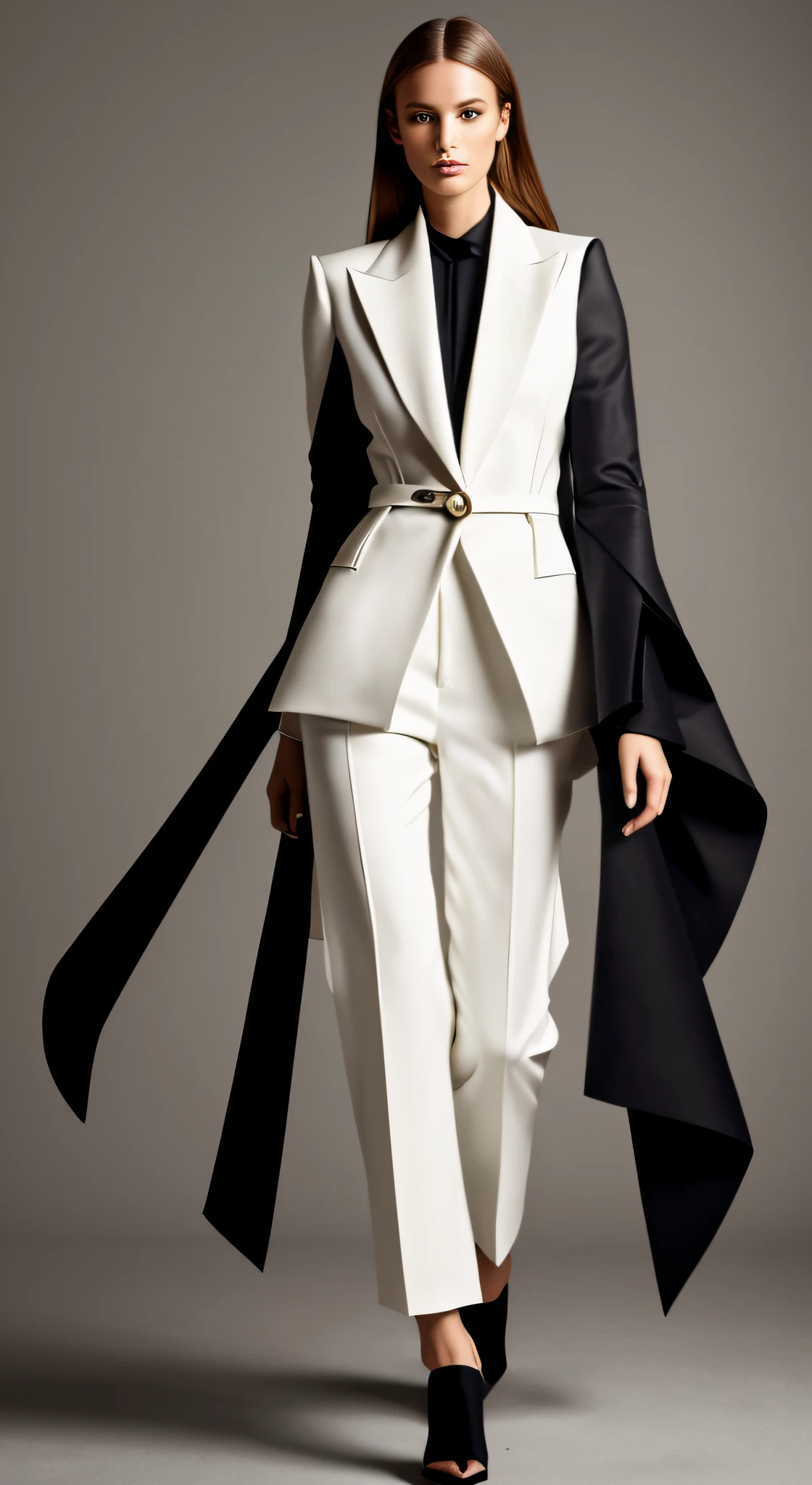 full-body composition: French fashion model,
The appearance of fashion magazines, Black clothe, Origami design,
oversized sleeves, Pantsuit, Complexity, sculpture
style, Mode Casual