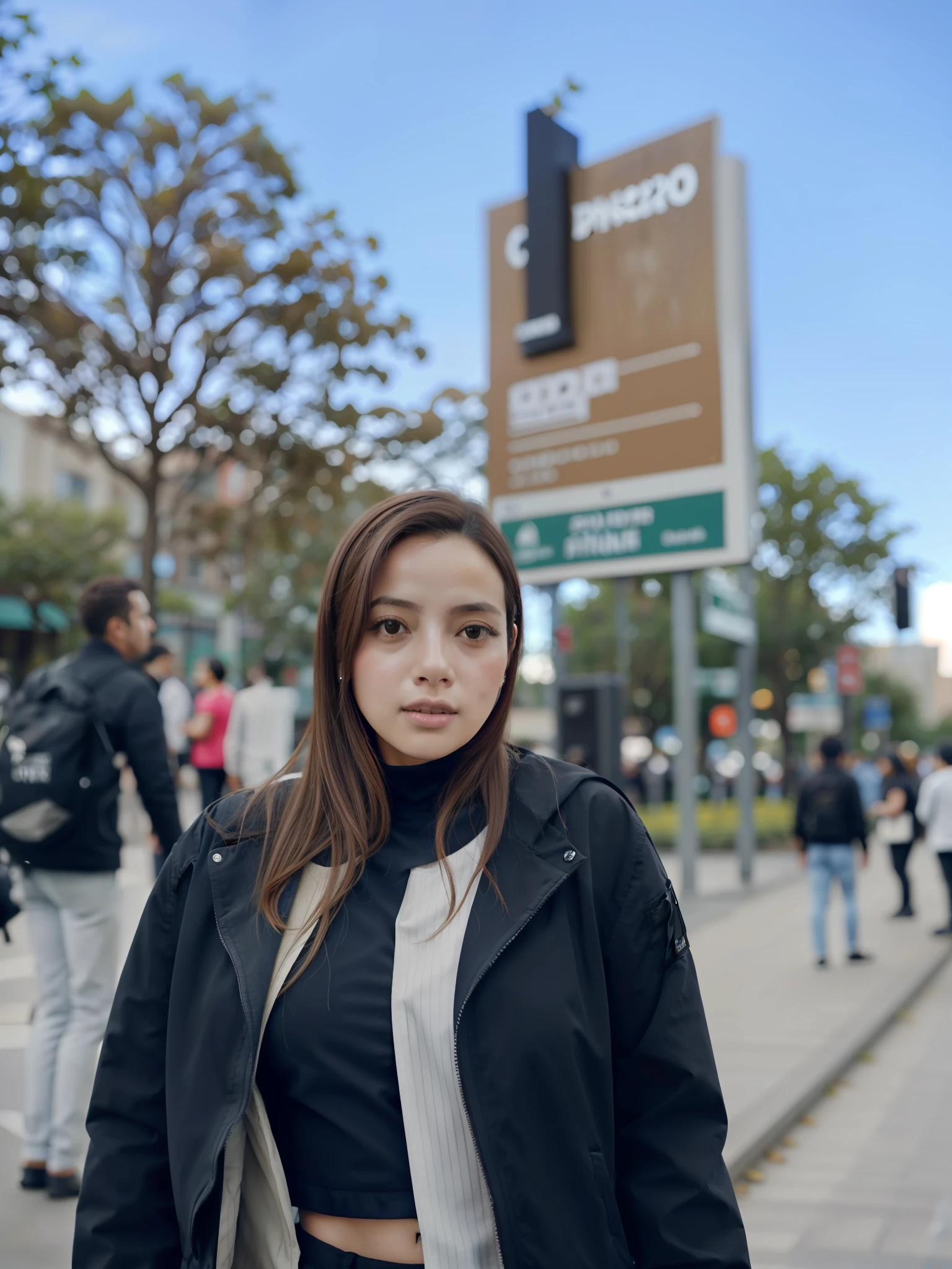 Woman in black jacket and black top standing in front of a sign, foto do perfil, com uma figura ao fundo, ligeiramente desfocado, standing in a city center, taken in the early 2020s, inferno no fundo, em frente a um fundo de floresta, bokeh apenas em segundo plano, Directed by: Andrée Ruellan, com um parque ao fundo
