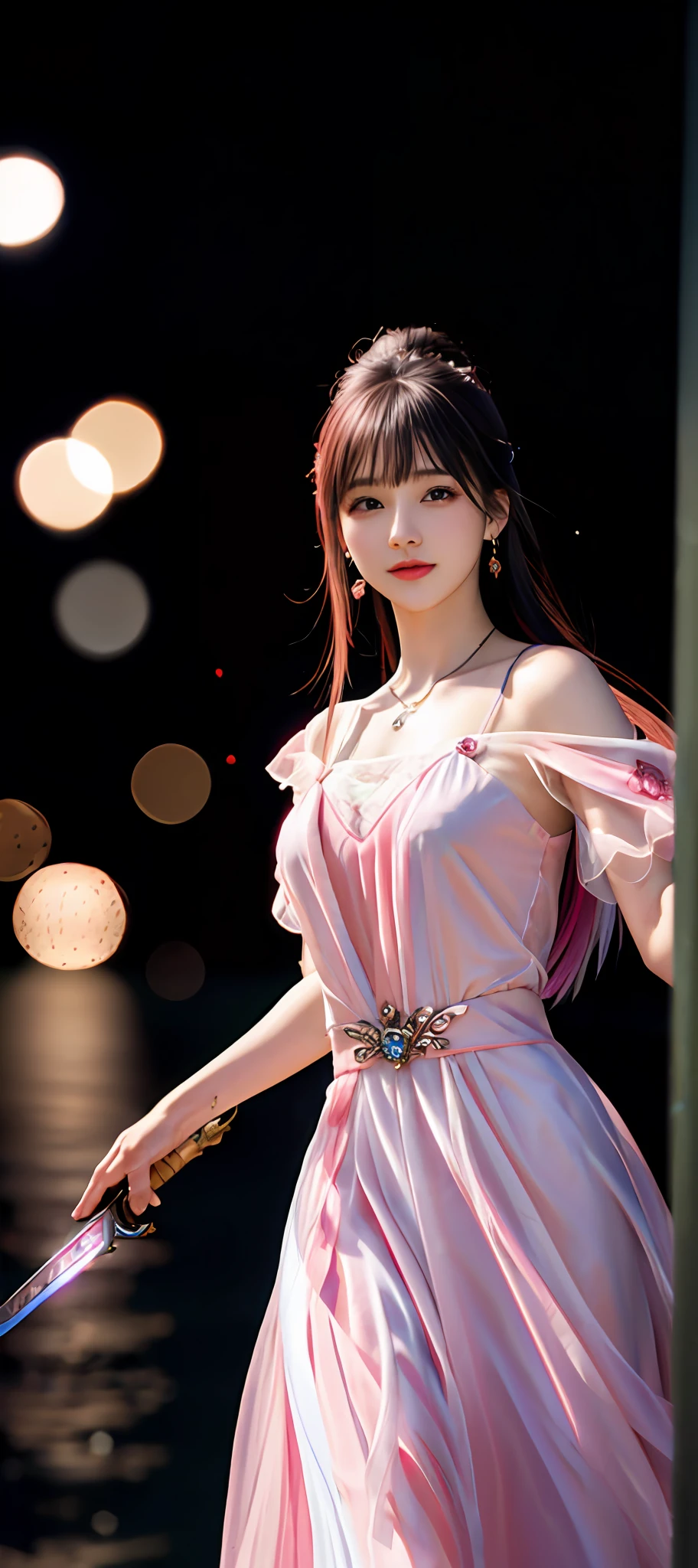 realisticity: 1.2), best quality, masterpiece, highres, cg, 1girl, weapon, sword, long hair, dress, water, solo, jewelry, pink dress, earrings, hair ornament, splashing, upper body super realistis, hair bun, blue and pink hair, city backgraun realistis, lighting,candid, Photograph, high resolution, 8k, 10k, Bokeh,