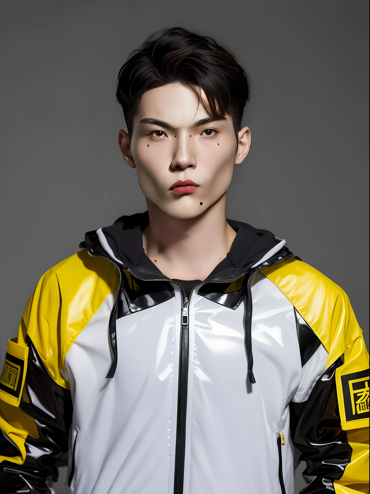A 16-year-old Chinese male high school student,Wearing a PVC yellow motorcycle suit,There are zippers,There are hats,greybackground
