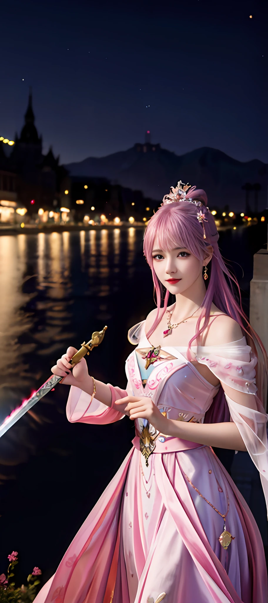 realisticity: 1.2), best quality, masterpiece, highres, cg, 1girl, weapon, sword, long hair, dress, water, solo, jewelry, pink dress, earrings, hair ornament, splashing, upper body super realistis, hair bun, blue and pink hair, city backgraun realistis, lighting,candid, Photograph, high resolution, 8k, 10k, Bokeh,