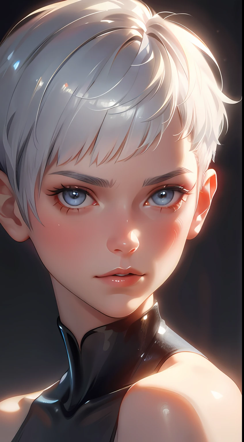 Extreme close-up portrait featuring photorealistic rendering with dynamic lighting. Focus on the face with zoomed-in effect, highlighting the beauty of silver hair, pixie cut hair, wolf cut hair