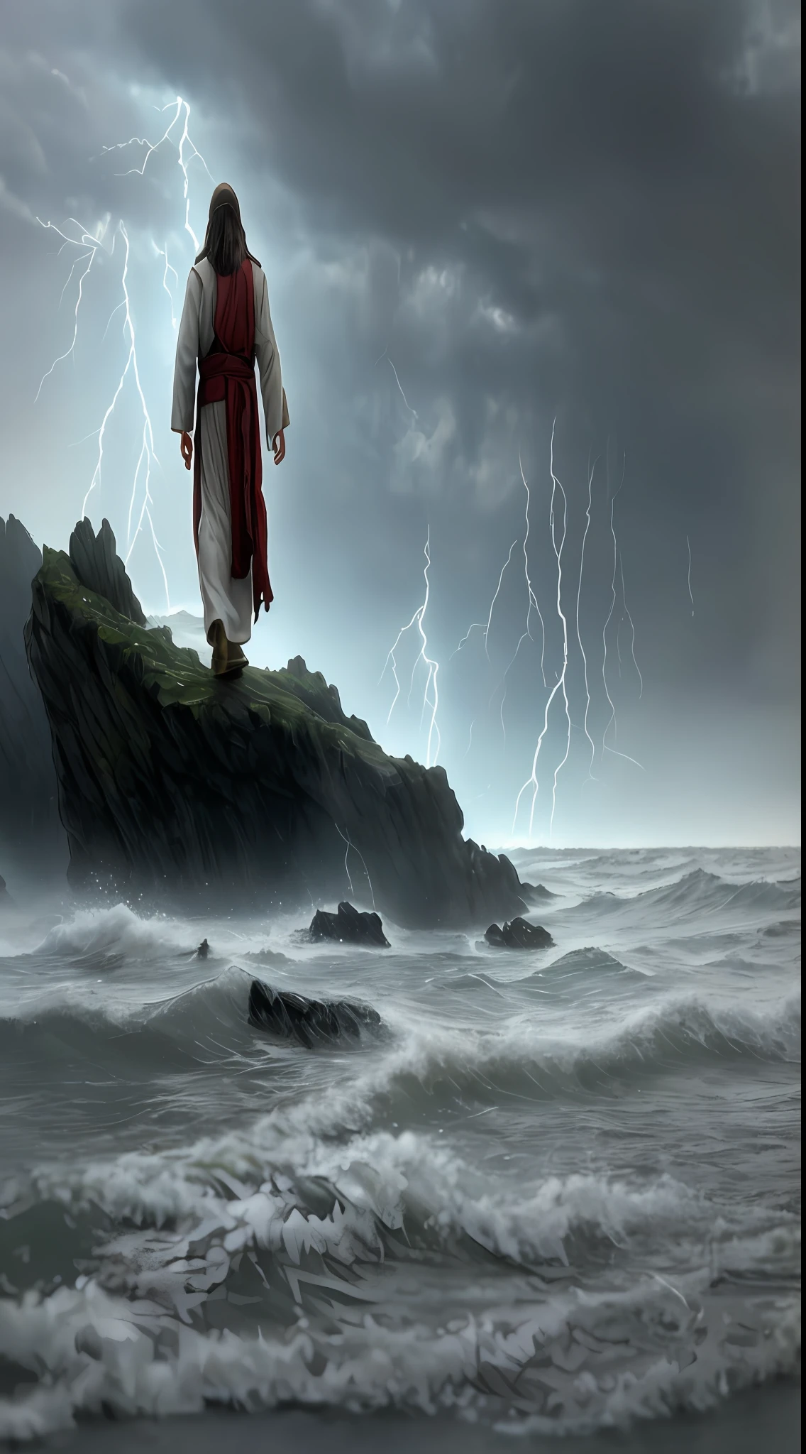 Ultra realistic photo,cinematic scene,jesus walking on water in the middle of a storm, masterpiece, best quality, high quality, 8k extremely detailed CG unit wallpaper, award-winning photography, Bokeh, Depth of Field, HDR, bloom, chromatic aberration, photorealistic, extremely detailed, trend in artstation, trend in CGsociety, intricate, high detail, dramatic, art in the middle of the journey, Volumetric lighting